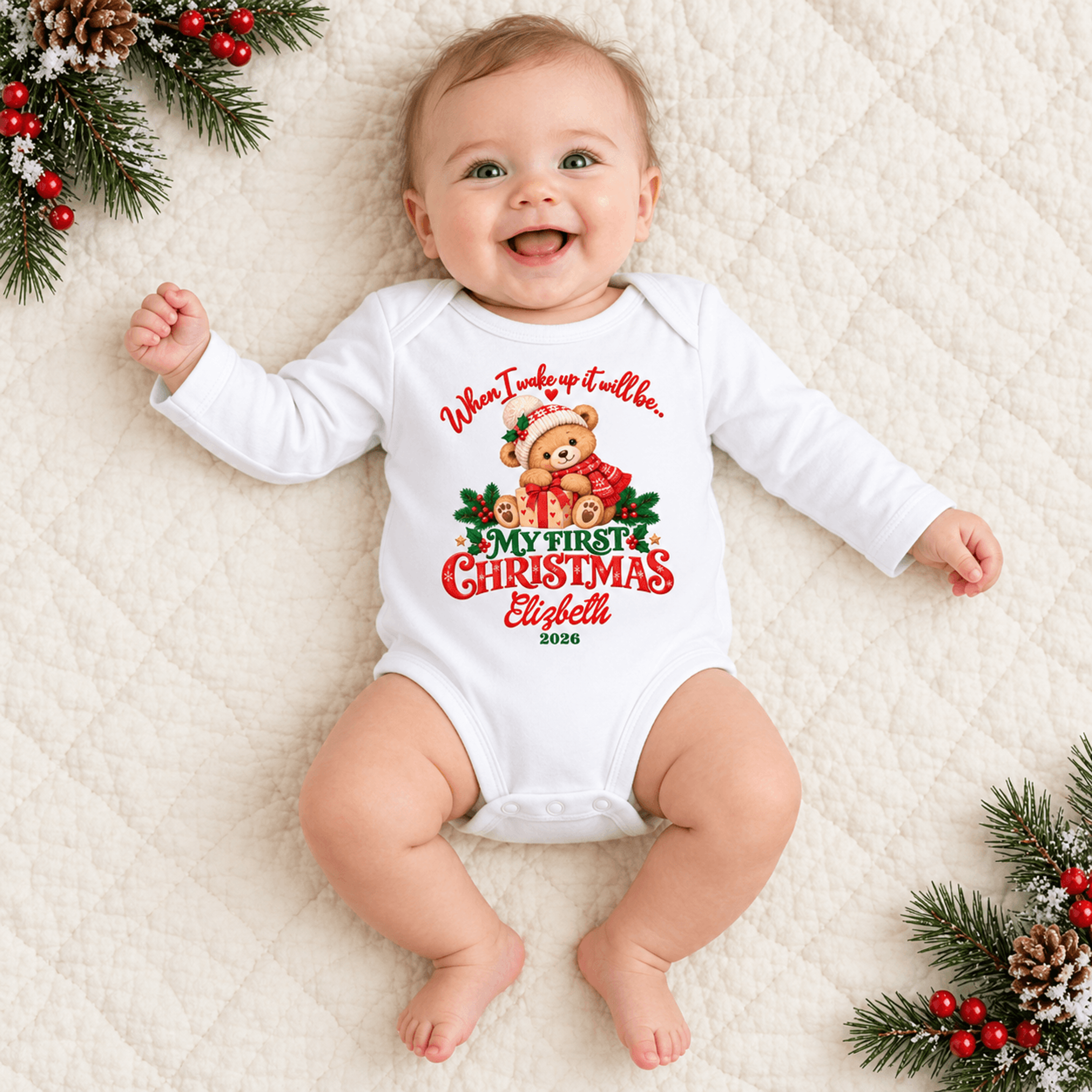 personalized my first christmas 2026 baby romper, custom name teddy bear christmas bodysuit, unisex newborn holiday