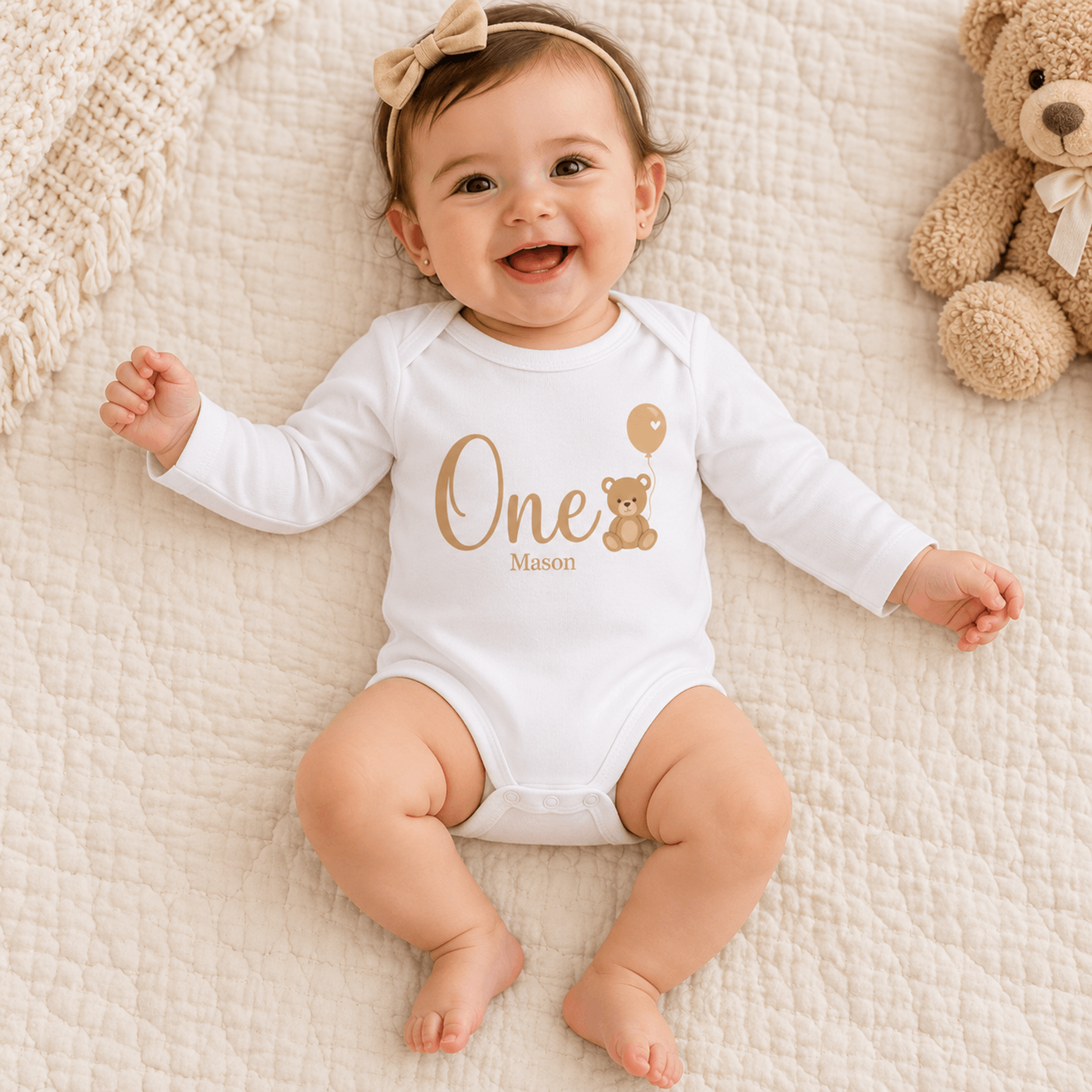 personalized first birthday baby bodysuit, custom name one teddy bear romper, unisex 1st birthday outfit, baby milestone