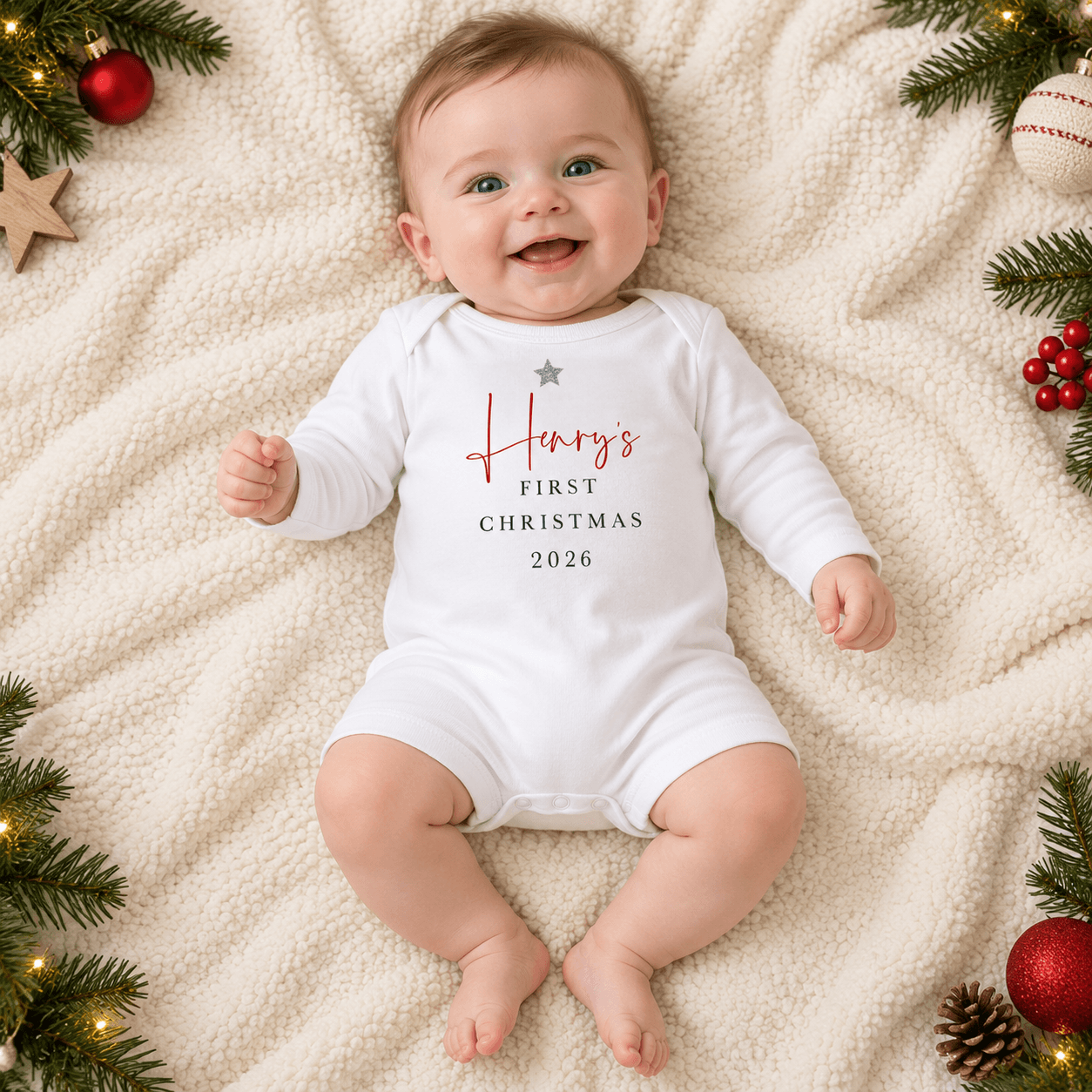 personalized first christmas 2026 baby bodysuit, custom name christmas romper, unisex infant holiday outfit, baby xmas