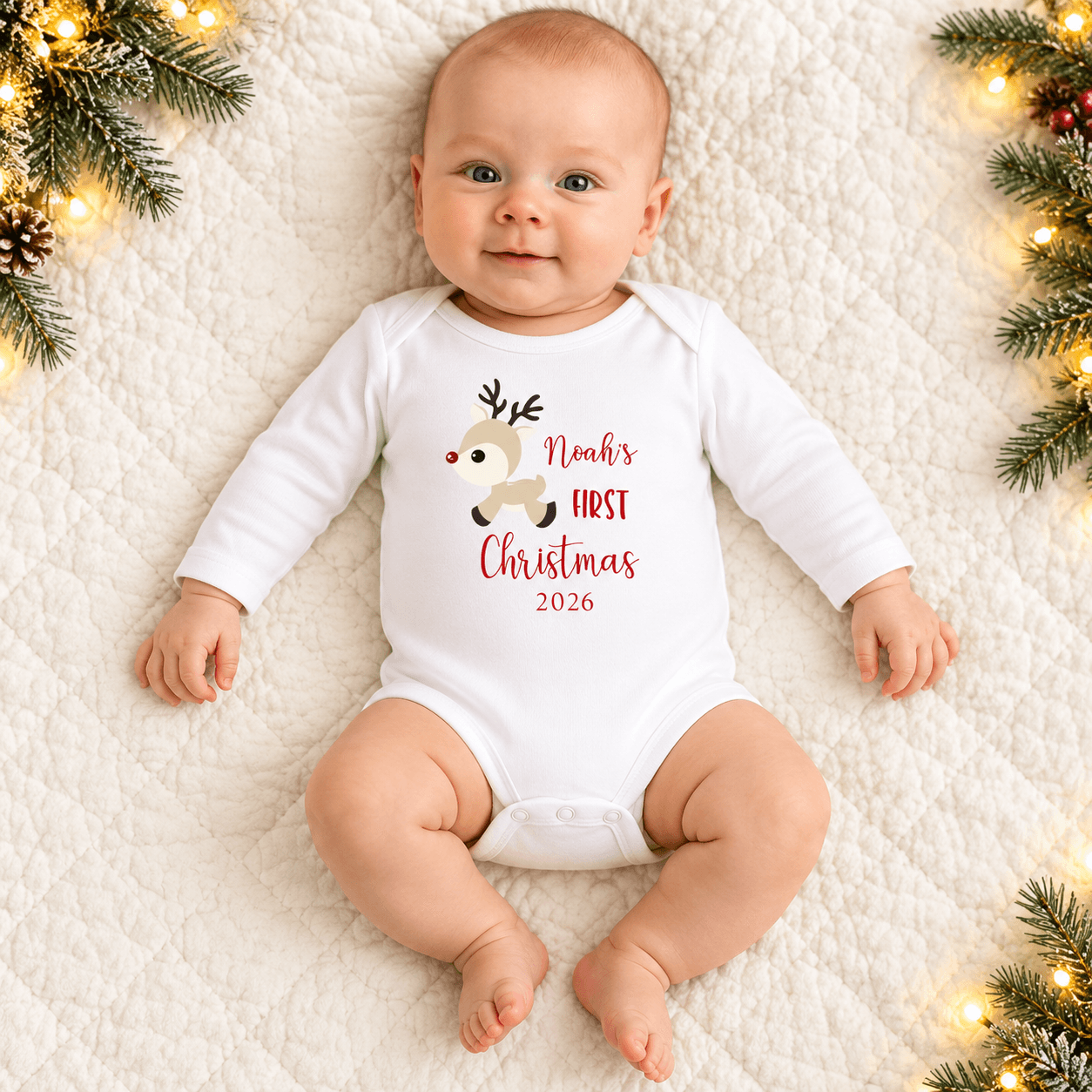 personalized first christmas 2026 baby bodysuit, cute reindeer baby romper, custom name christmas outfit, unisex baby