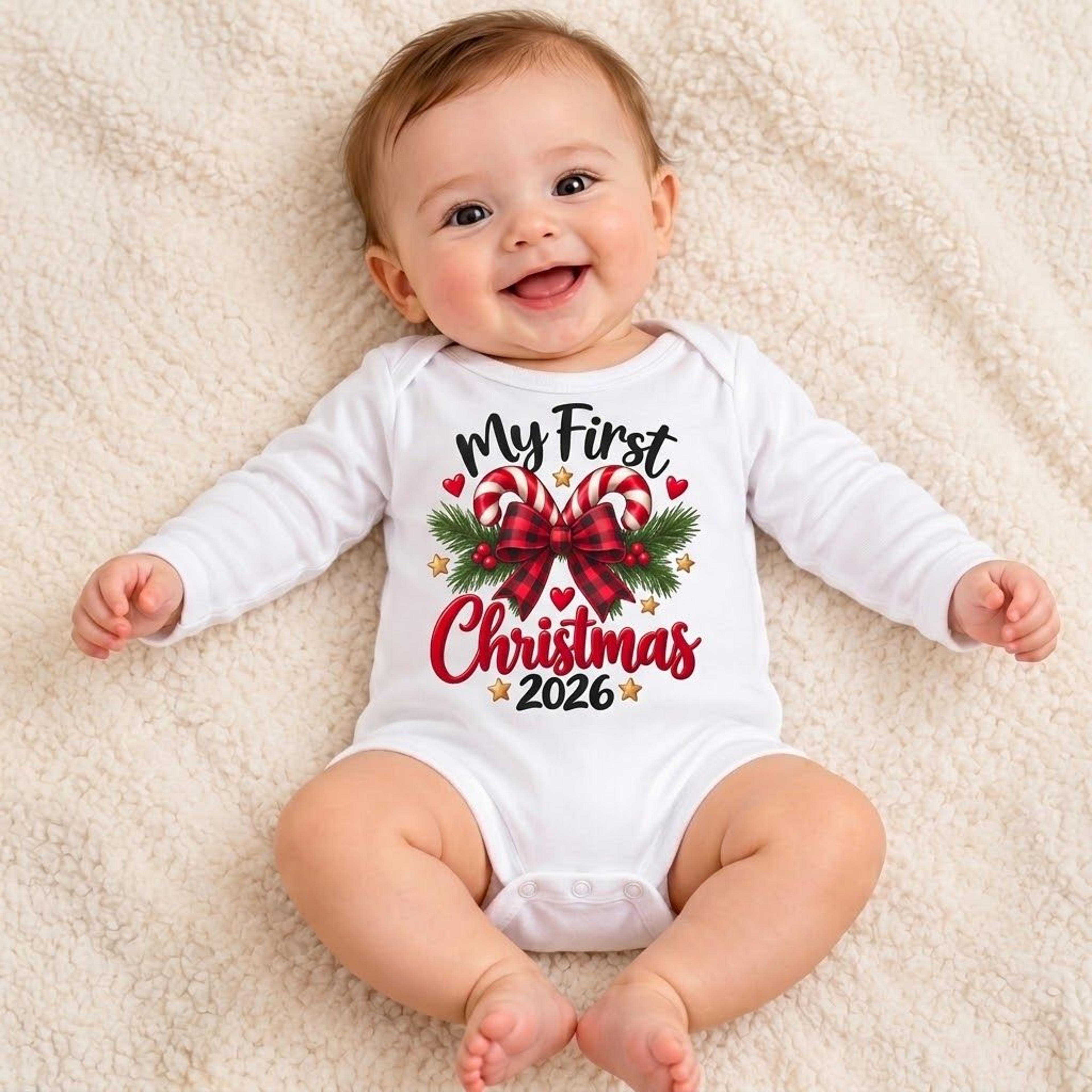 my first christmas 2026 baby romper, cute candy cane bow baby bodysuit, unisex holiday outfit, newborn first xmas gift