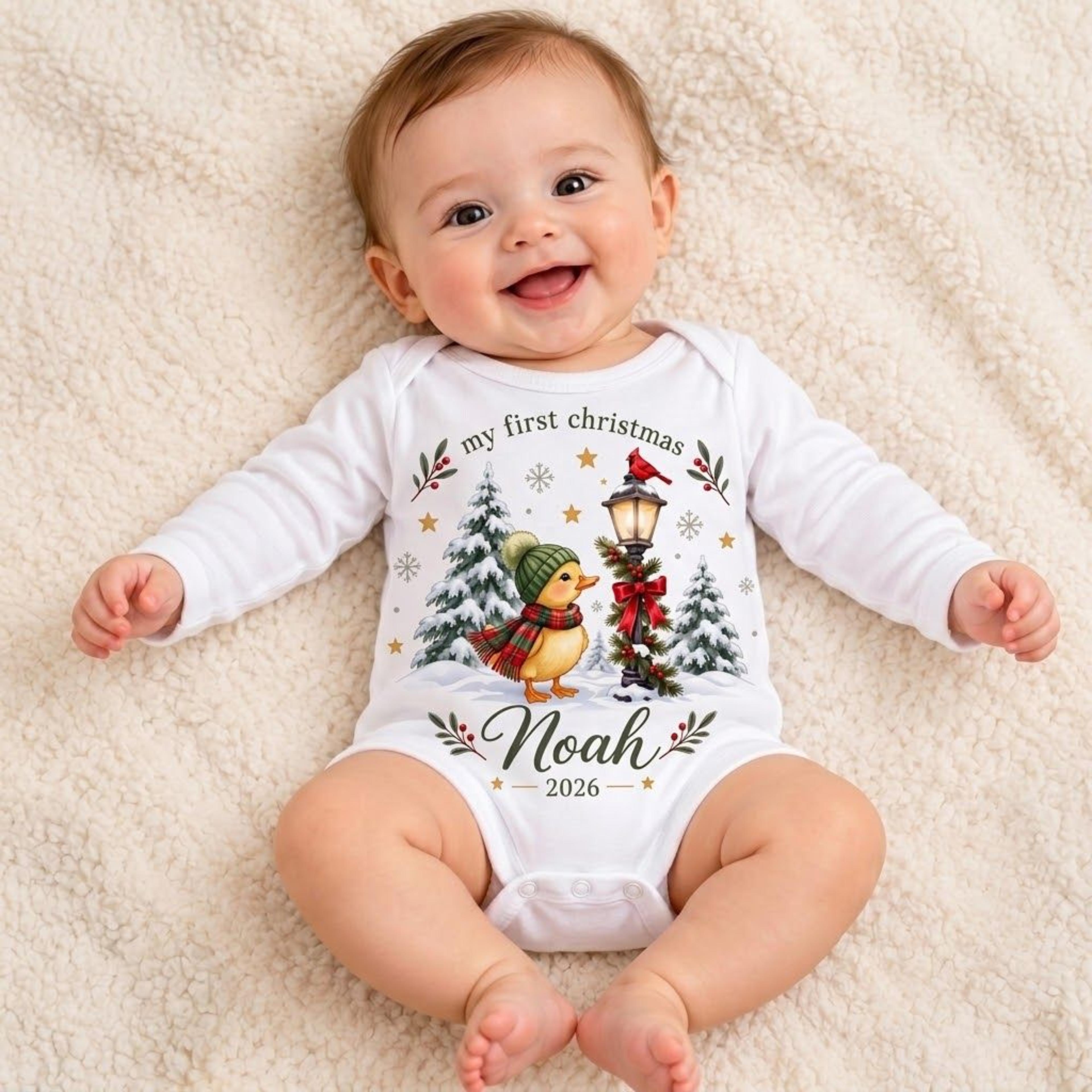 personalized my first christmas 2026 baby romper, cute winter duck baby bodysuit, custom name unisex newborn holiday