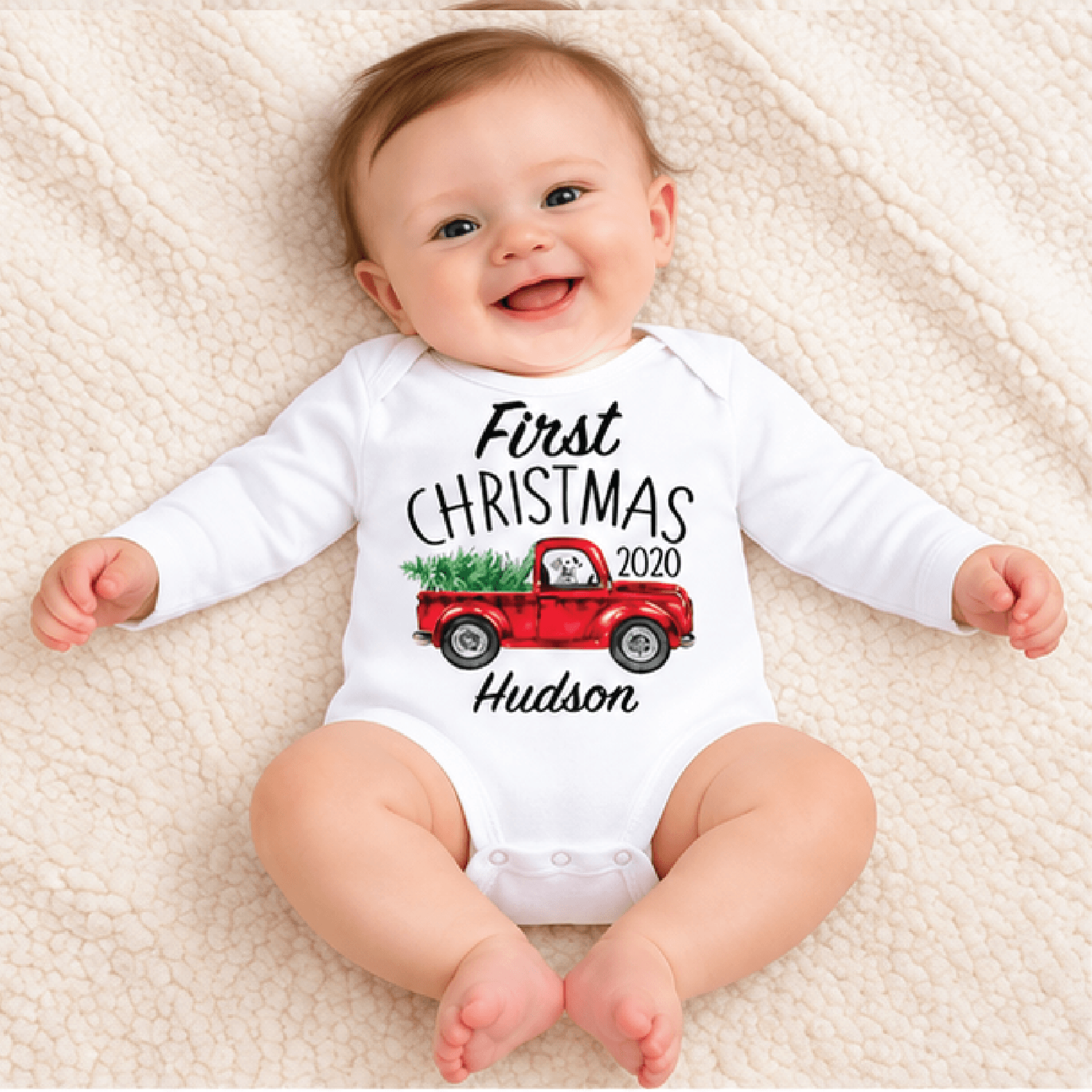 personalized first christmas baby romper, vintage christmas truck baby bodysuit, custom name unisex newborn holiday gift