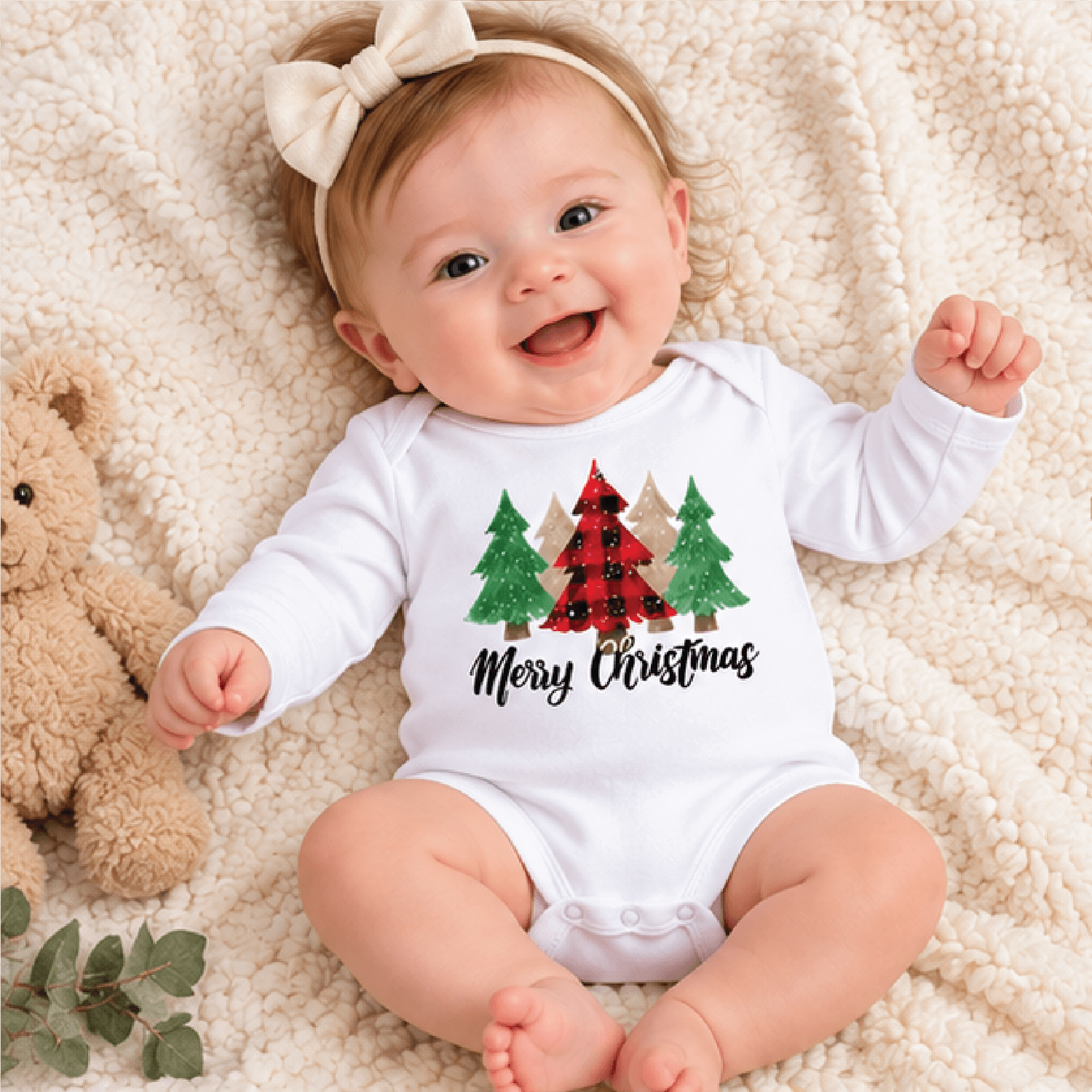 merry christmas baby romper, buffalo plaid christmas tree baby bodysuit, unisex holiday outfit, cute newborn xmas gift