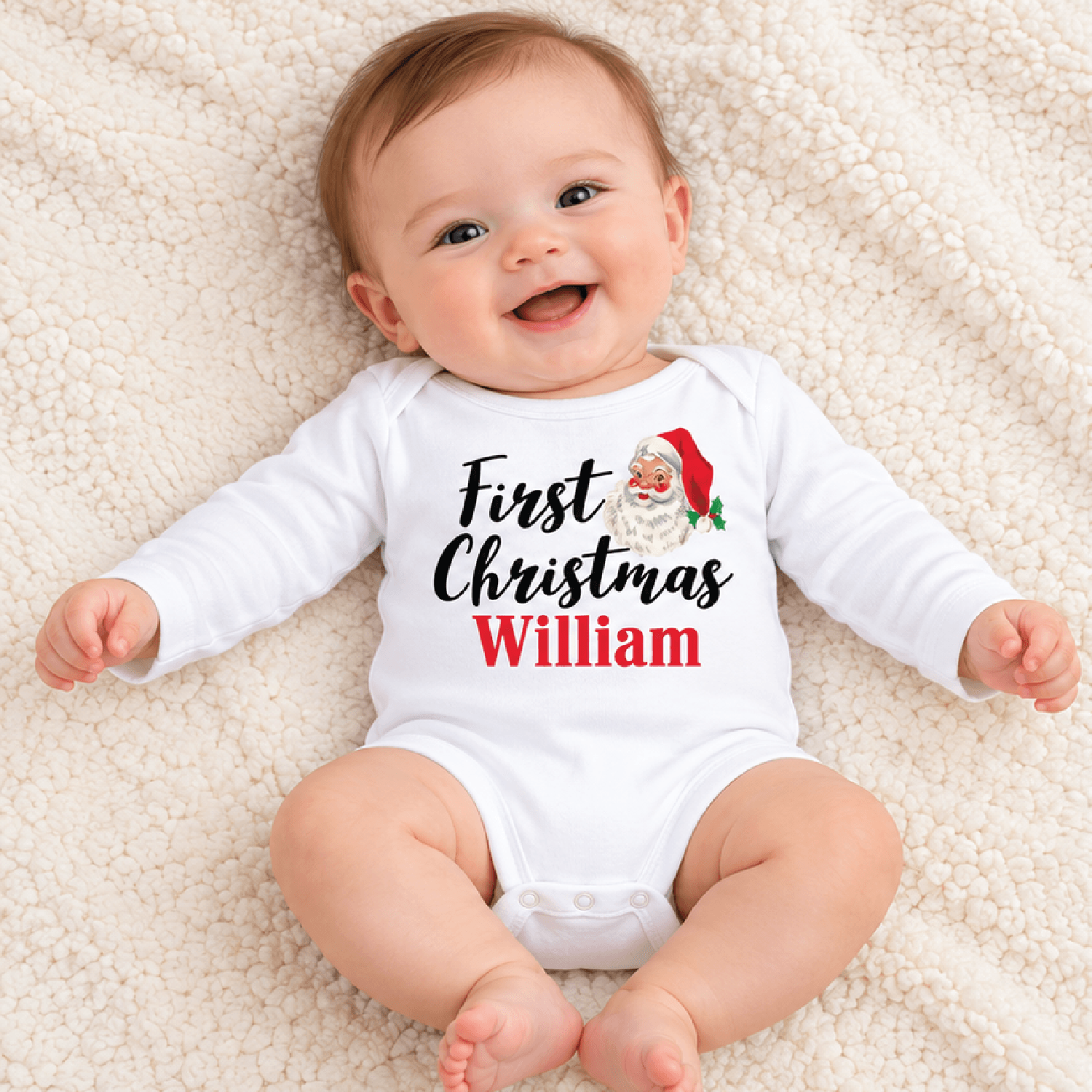 personalized first christmas baby romper, custom name santa claus baby bodysuit, unisex newborn christmas outfit