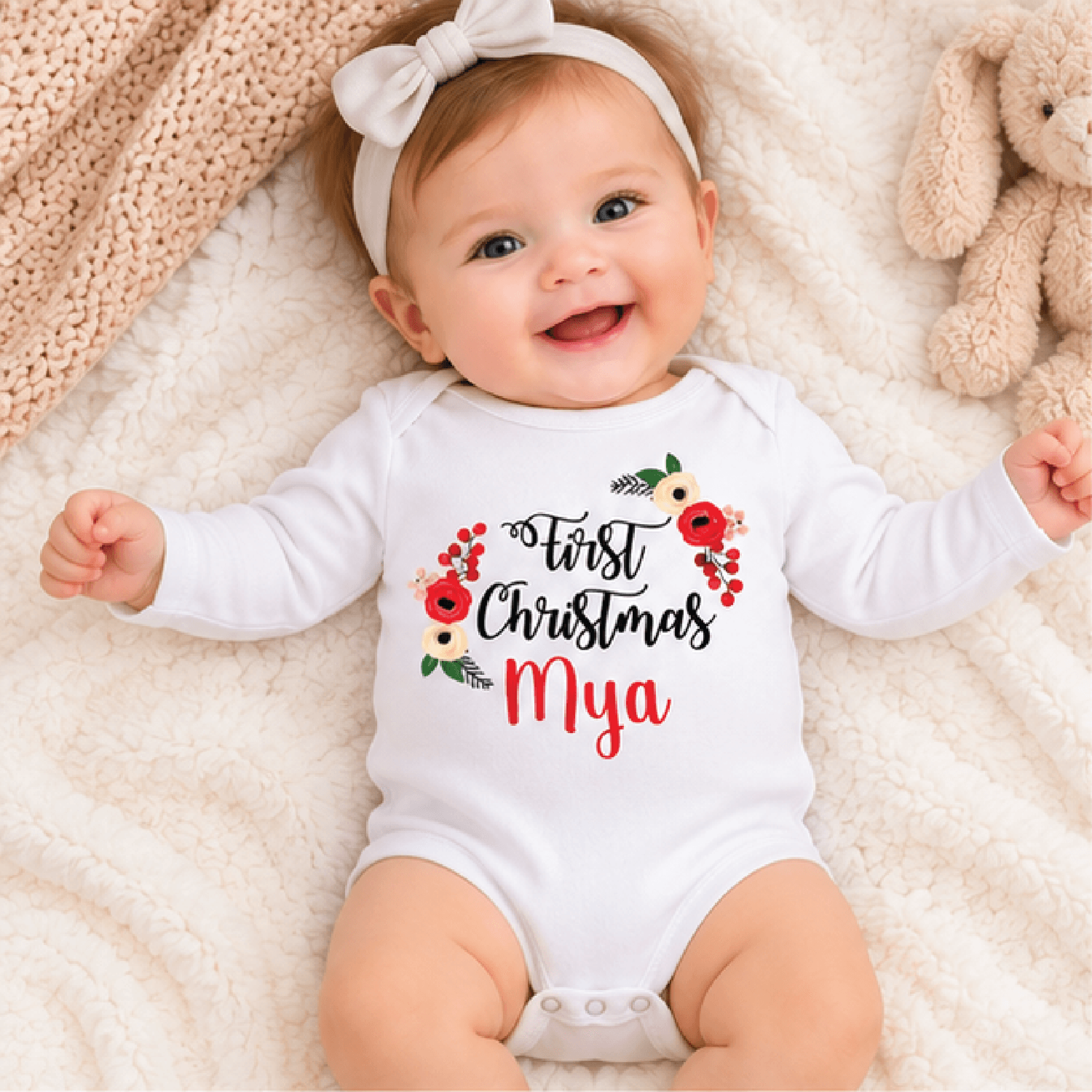 personalized first christmas baby romper, custom name floral christmas bodysuit, unisex newborn holiday outfit