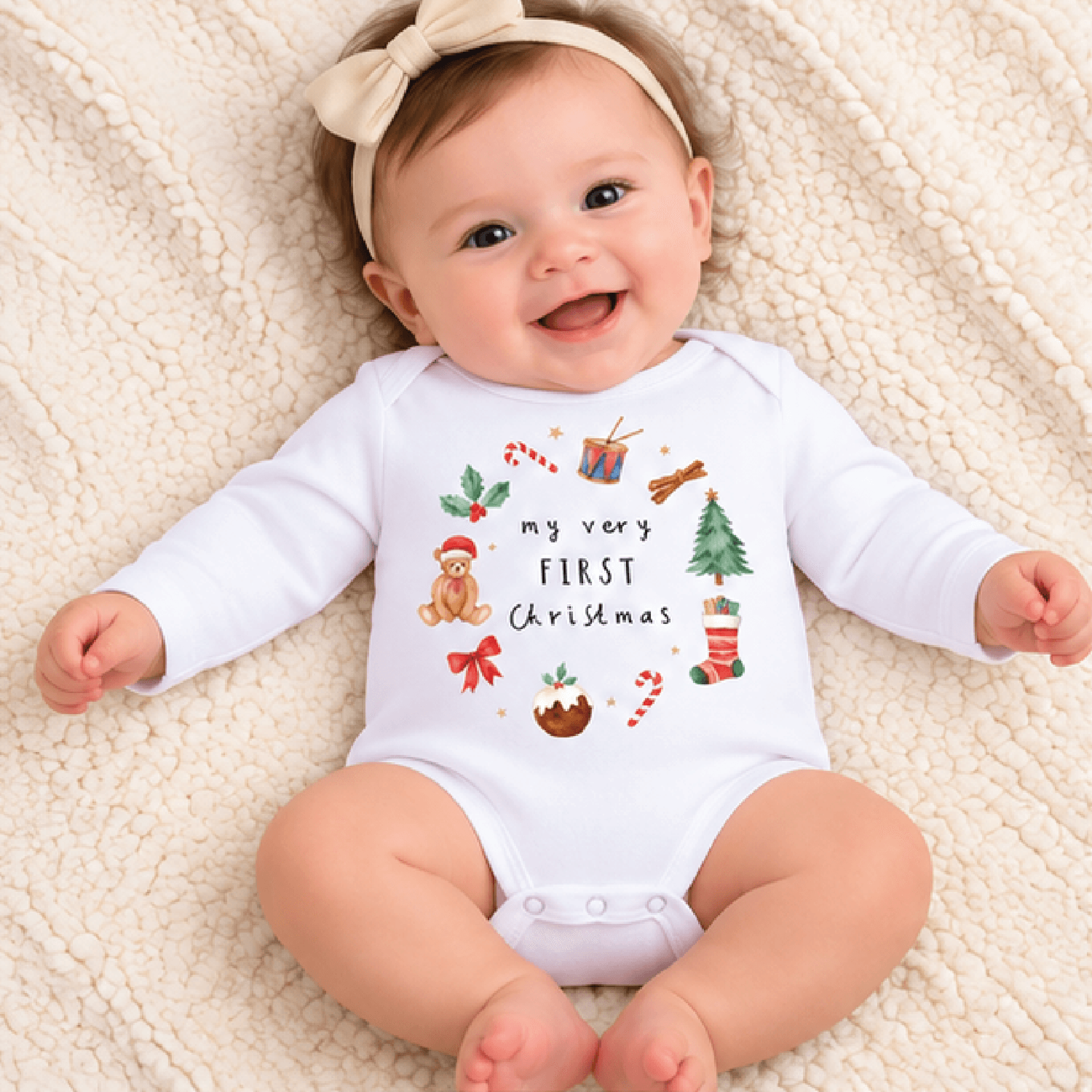 my very first christmas baby romper, cute teddy bear holiday bodysuit, christmas stocking and candy cane newborn xmas
