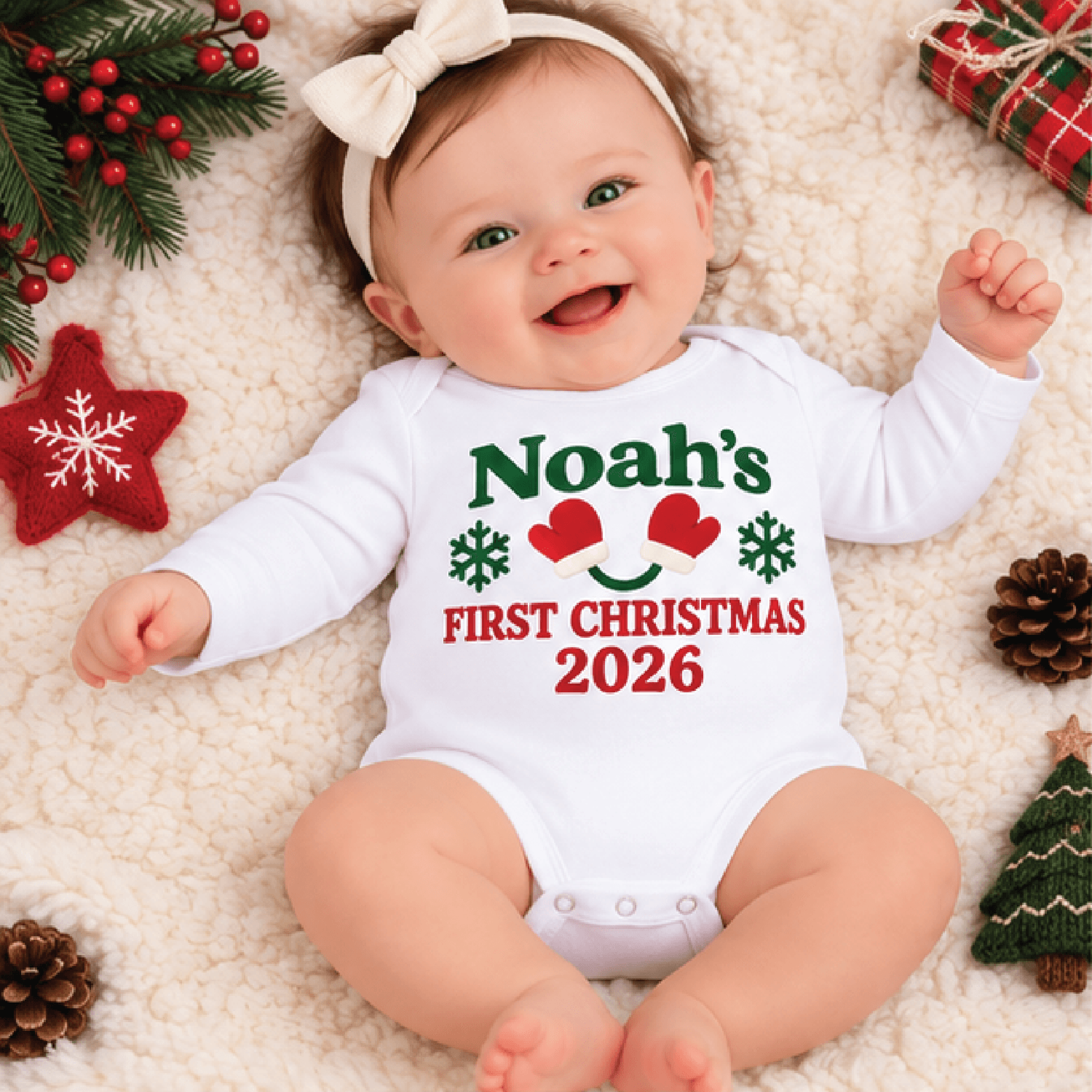 personalized baby first christmas 2026 bodysuit, custom name holiday romper, cute mitten snowflake christmas outfit