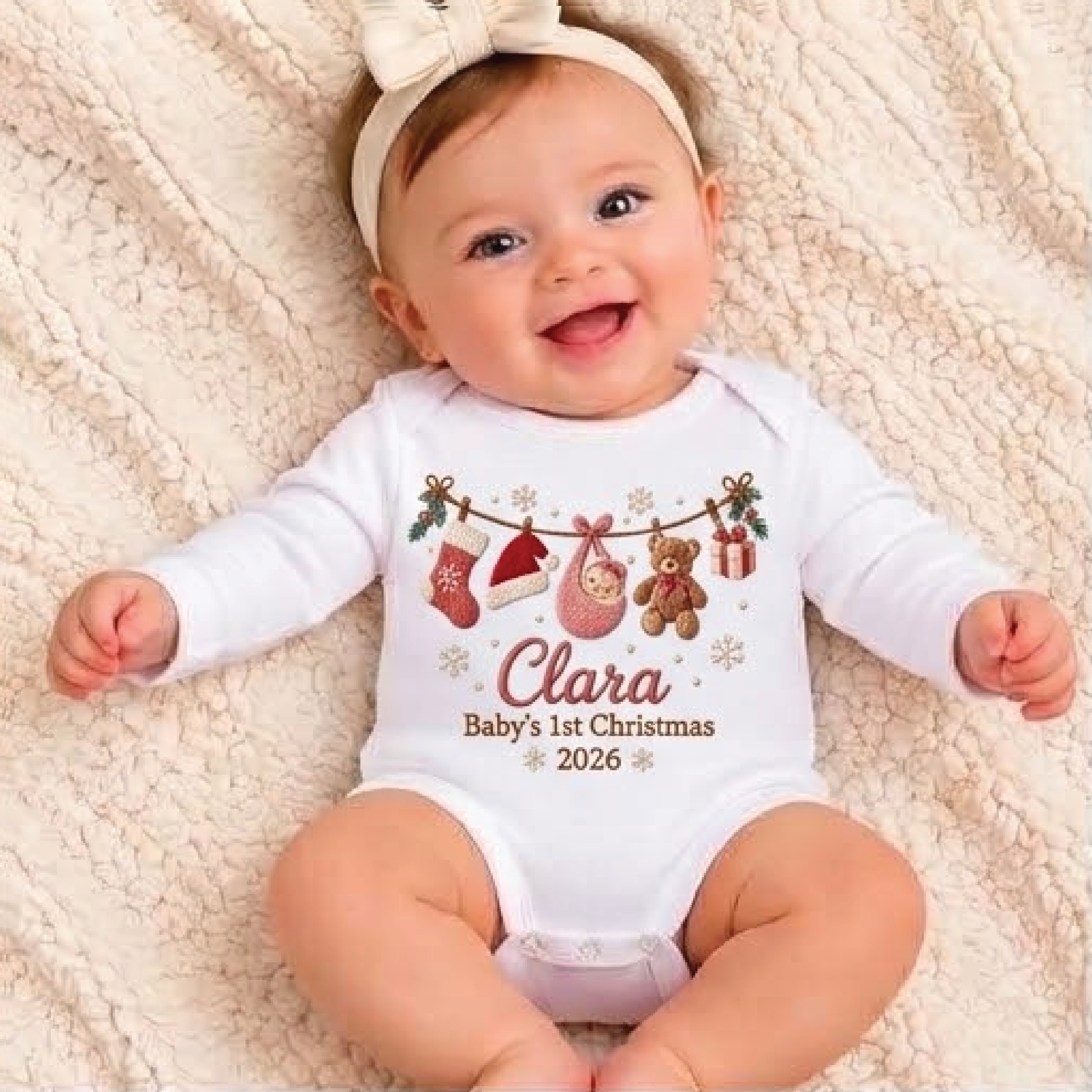 personalized baby first christmas 2026 bodysuit, custom name christmas clothesline romper, teddy bear newborn holiday