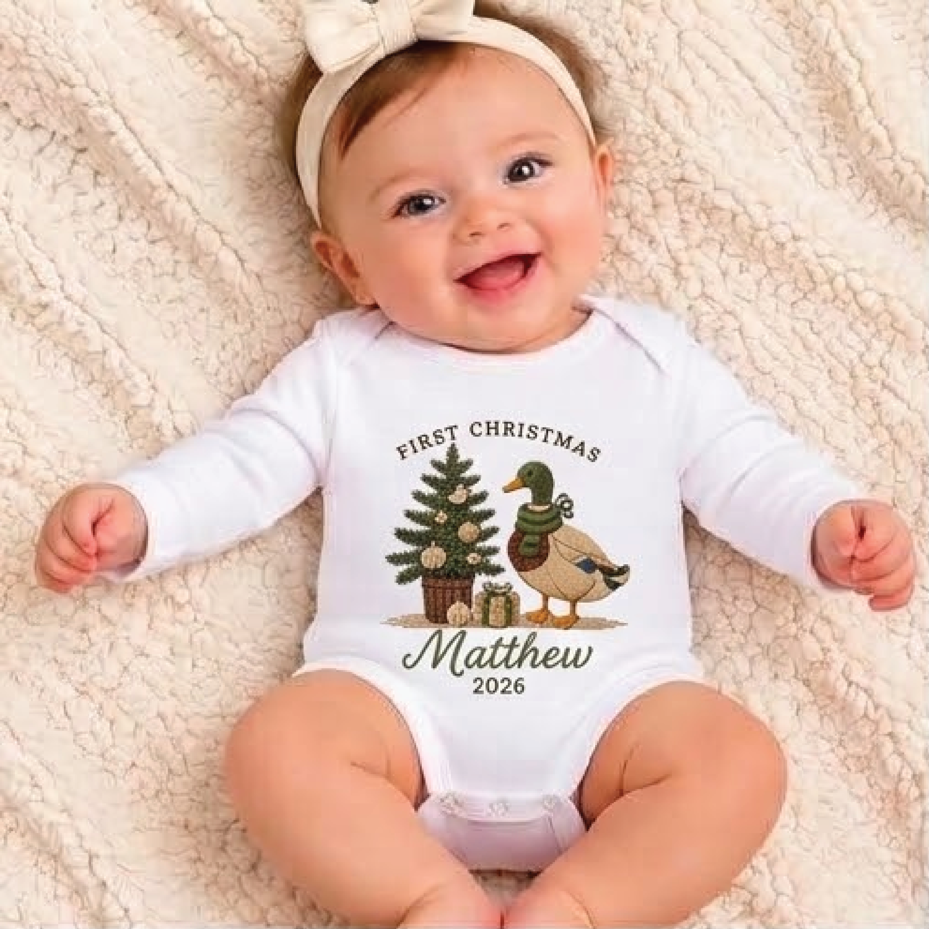 personalized baby first christmas 2026 bodysuit, custom name christmas duck romper, festive tree newborn outfit, unisex