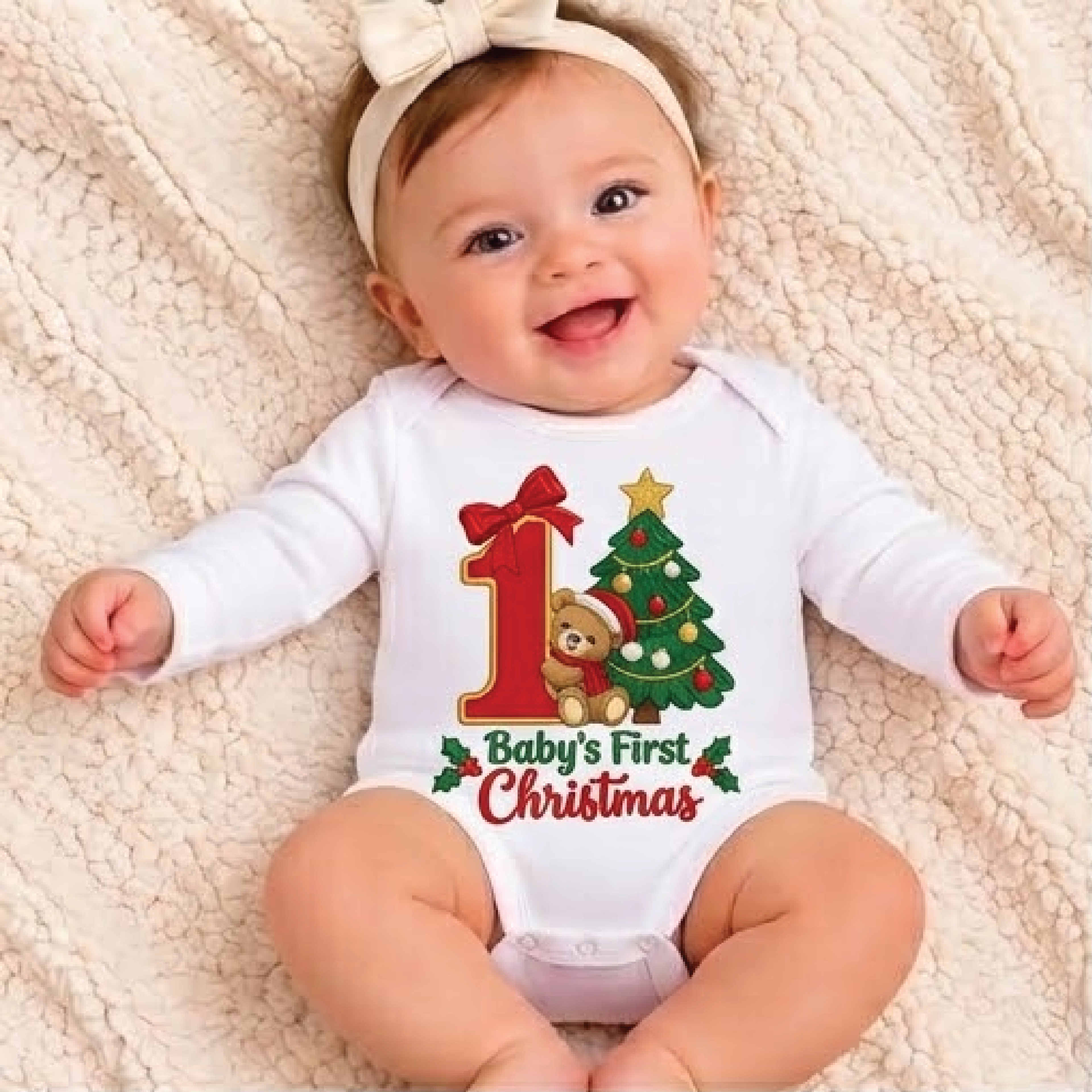 baby's first christmas romper, cute teddy bear number one bodysuit, christmas tree baby outfit, unisex newborn holiday