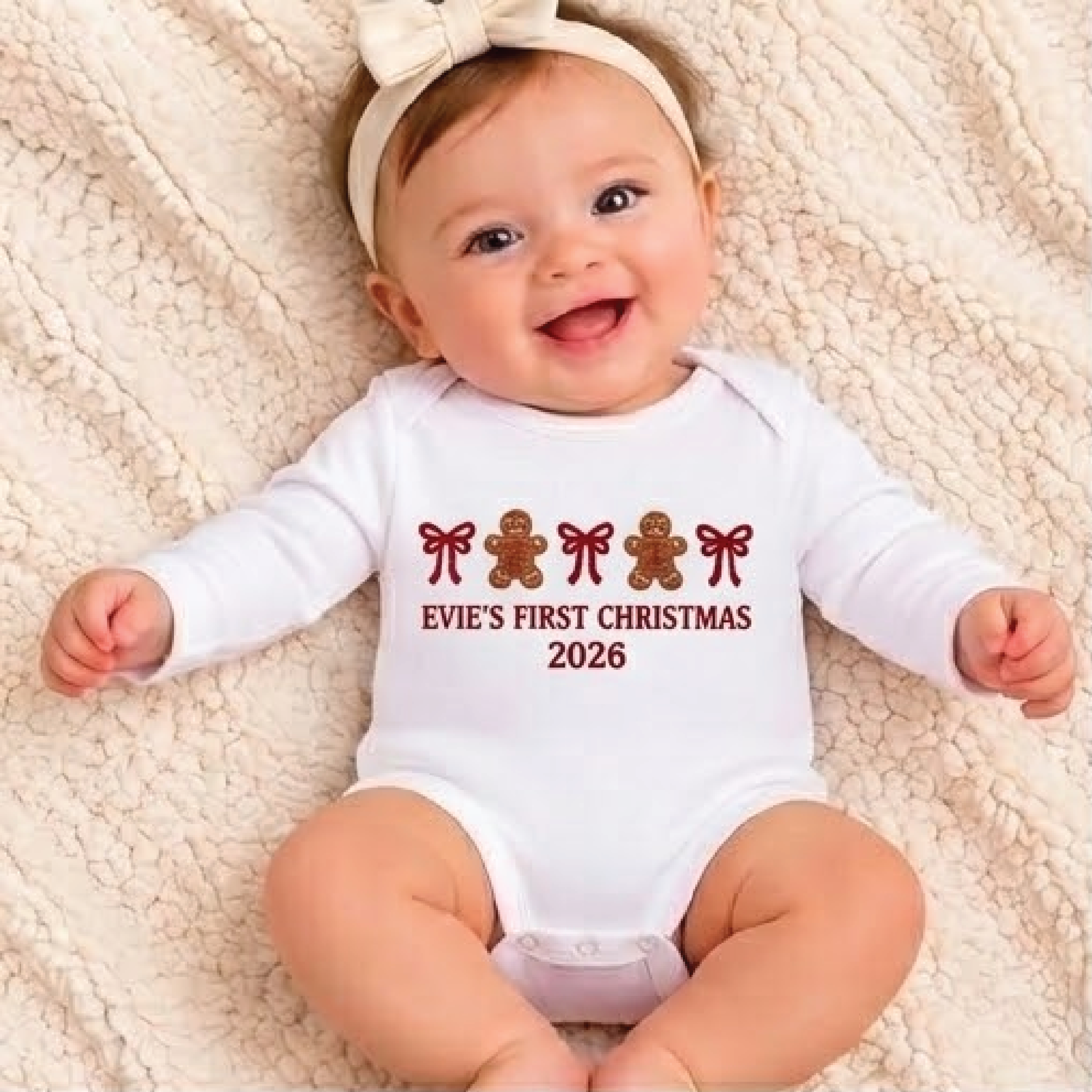 personalized baby's first christmas 2026 romper, custom name gingerbread baby bodysuit, unisex newborn holiday outfit