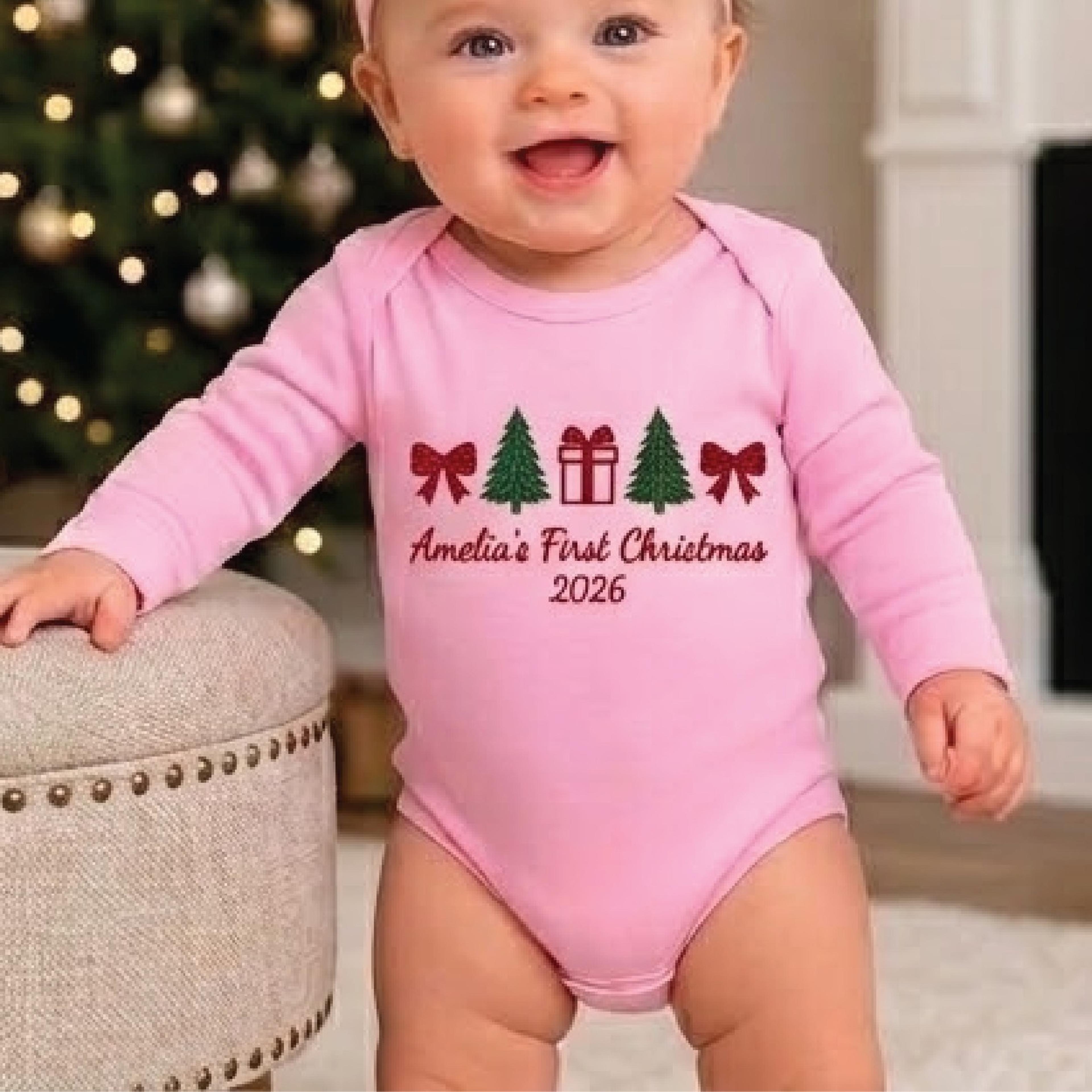 personalized baby first christmas 2026 romper, custom name christmas tree bow bodysuit, unisex newborn holiday outfit