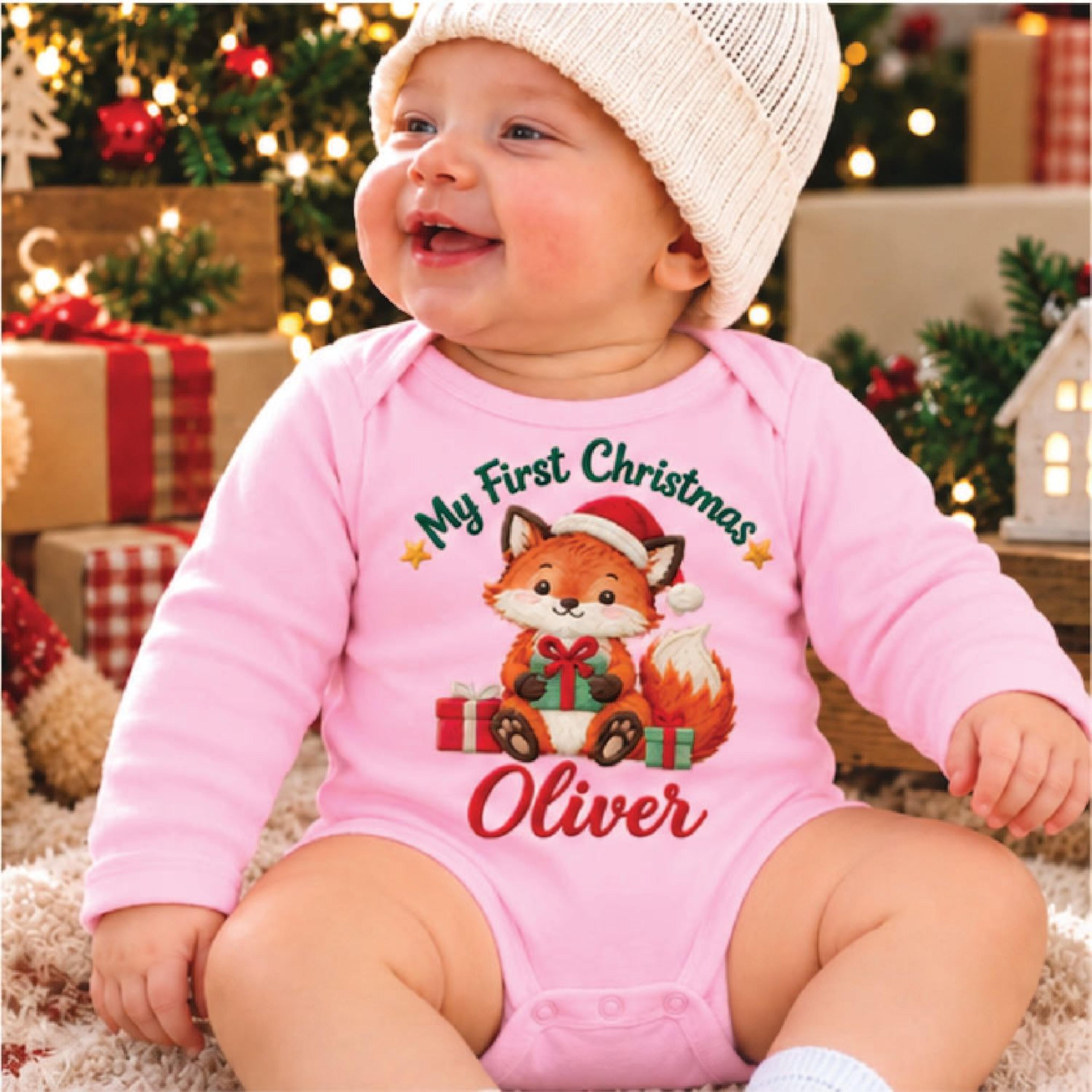 personalized baby first christmas fox romper, custom name cute woodland animal christmas bodysuit, unisex newborn
