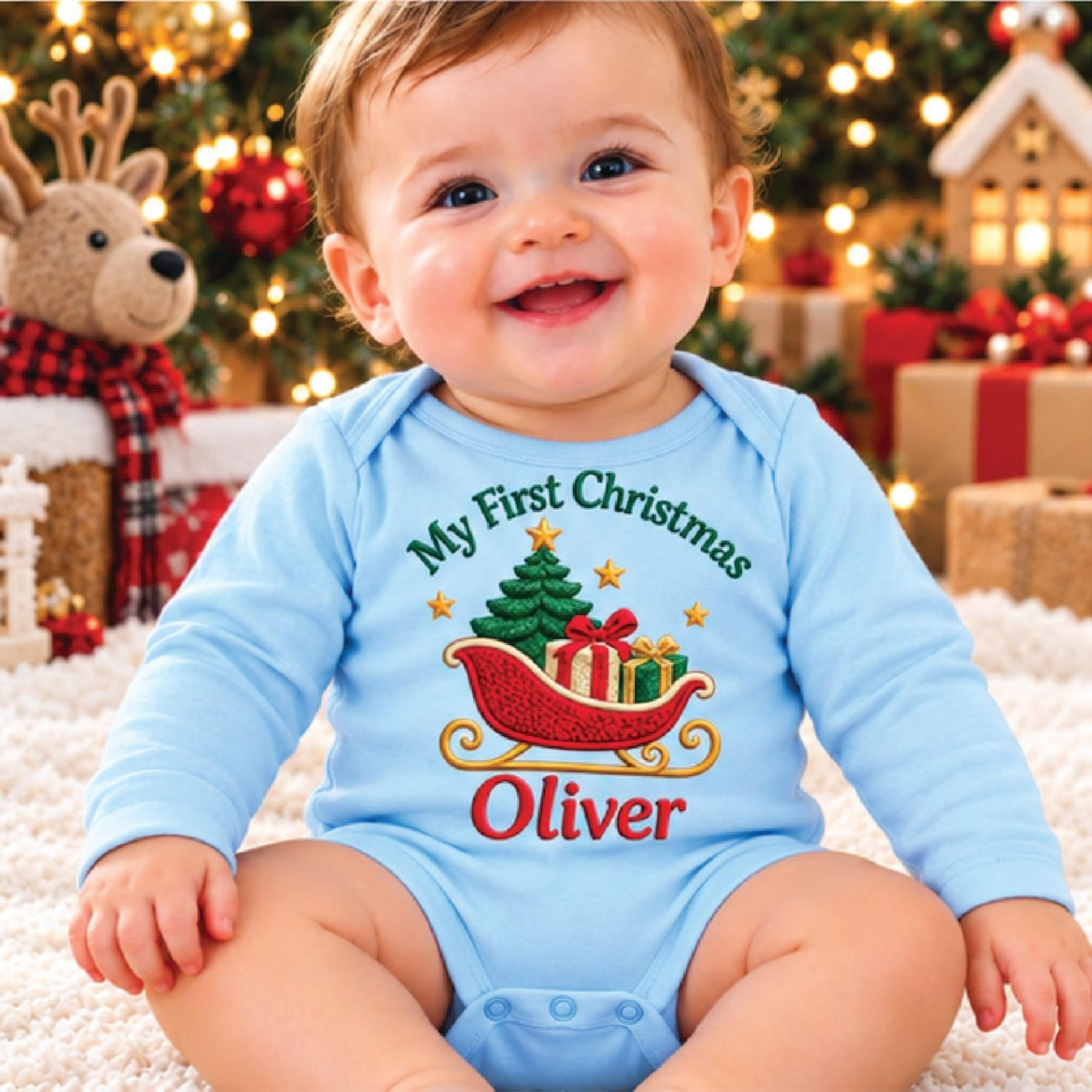 personalized baby first christmas sleigh romper, custom name santa sleigh christmas tree bodysuit, unisex newborn