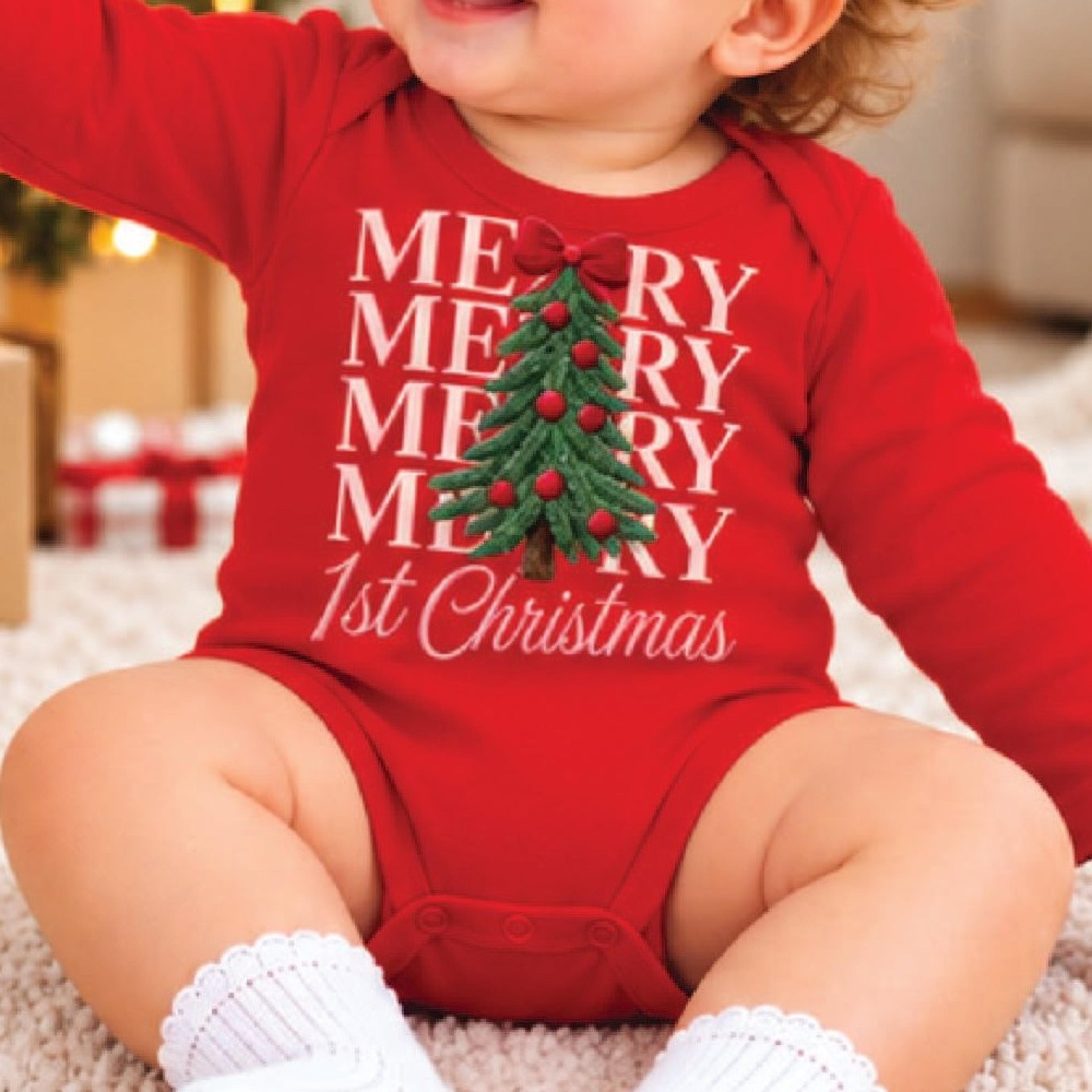 merry merry merry 1st christmas baby romper, cute christmas tree bodysuit, unisex newborn holiday outfit, baby xmas gift