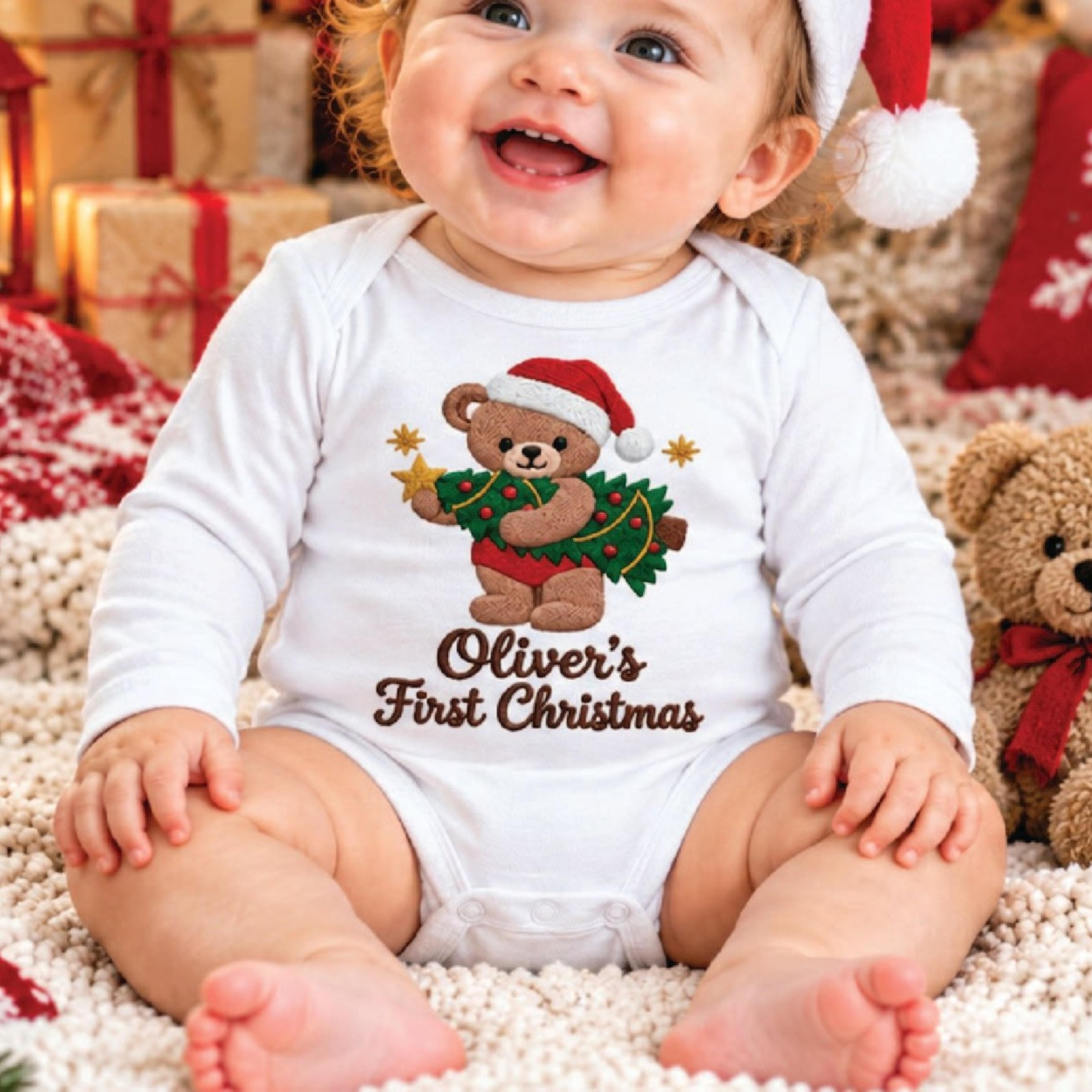 personalized baby first christmas romper, cute teddy bear christmas tree bodysuit, custom name unisex newborn holiday