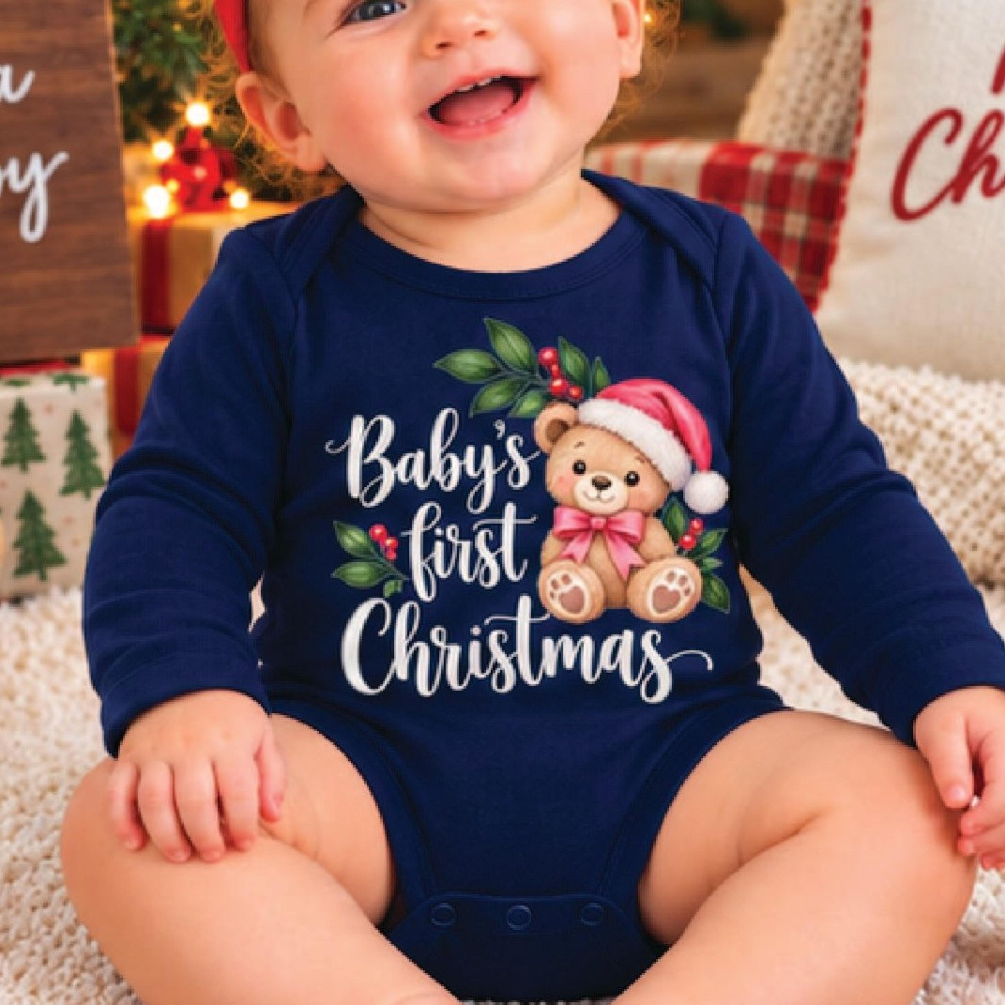 baby's first christmas romper, cute teddy bear santa hat christmas bodysuit, unisex newborn holiday outfit, baby xmas