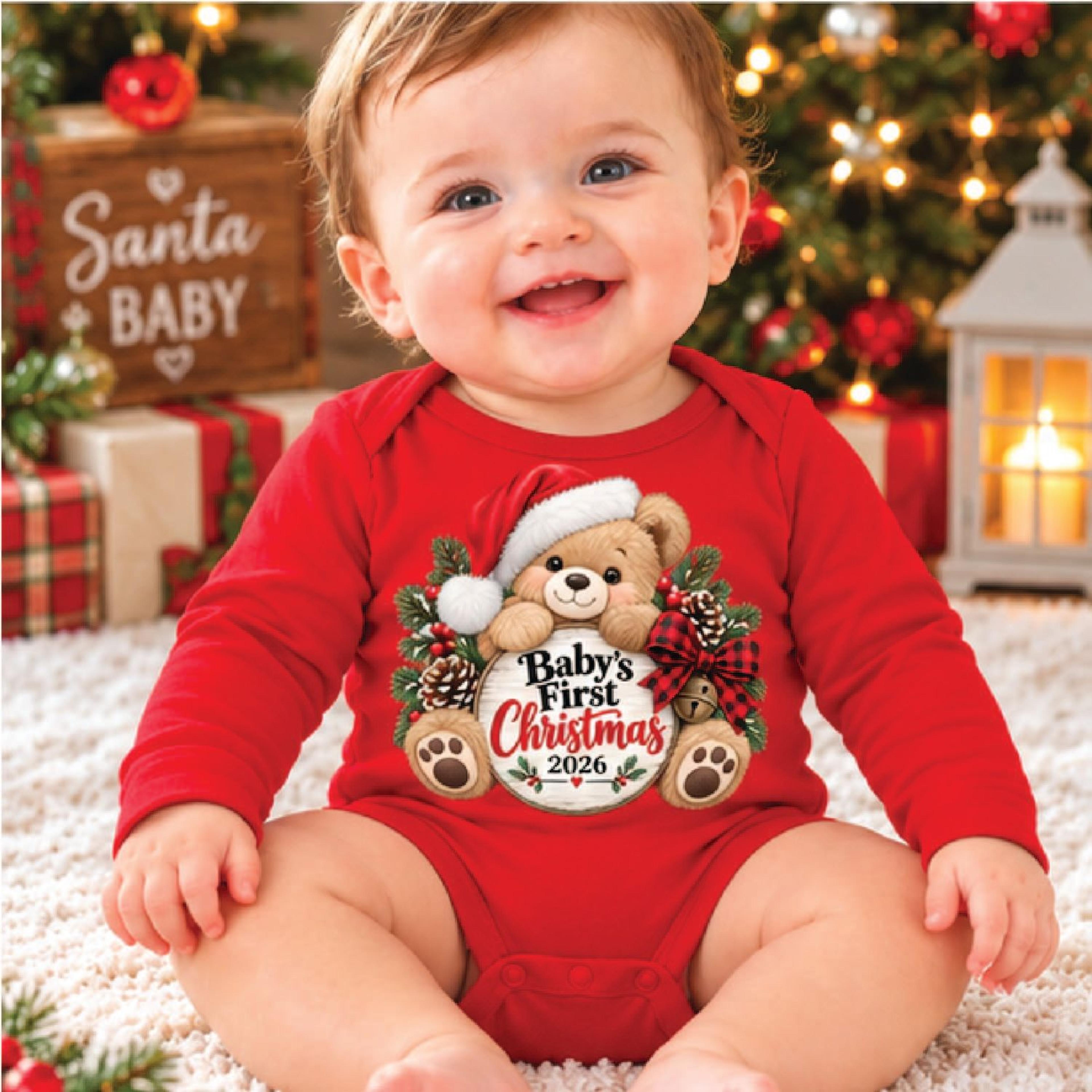 baby's first christmas romper 2026, cute teddy bear santa hat bodysuit, unisex newborn holiday outfit, christmas baby