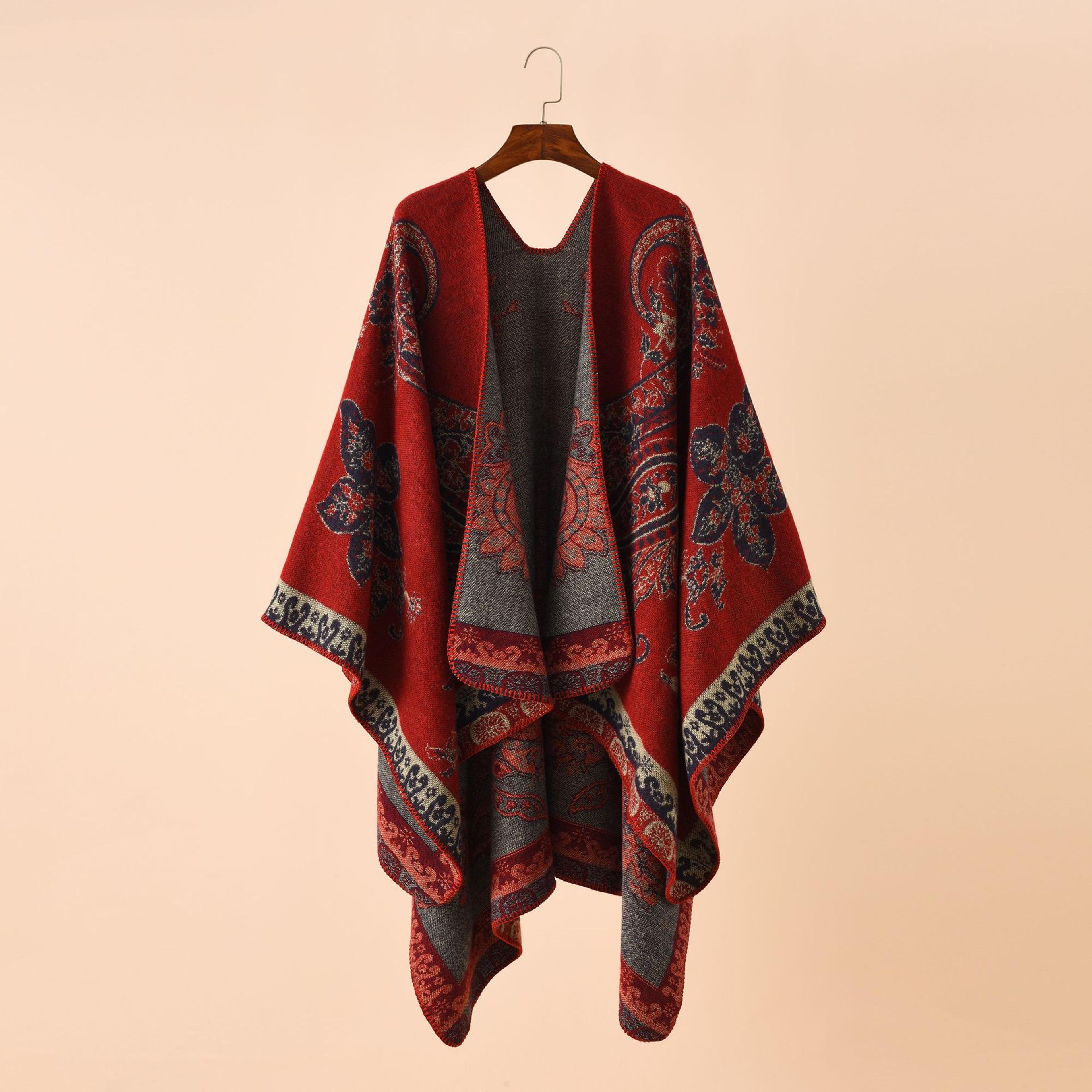womens autumn winter geometric lattice flower pattern imitation cashmere shawl cloak cape, warm stylish poncho