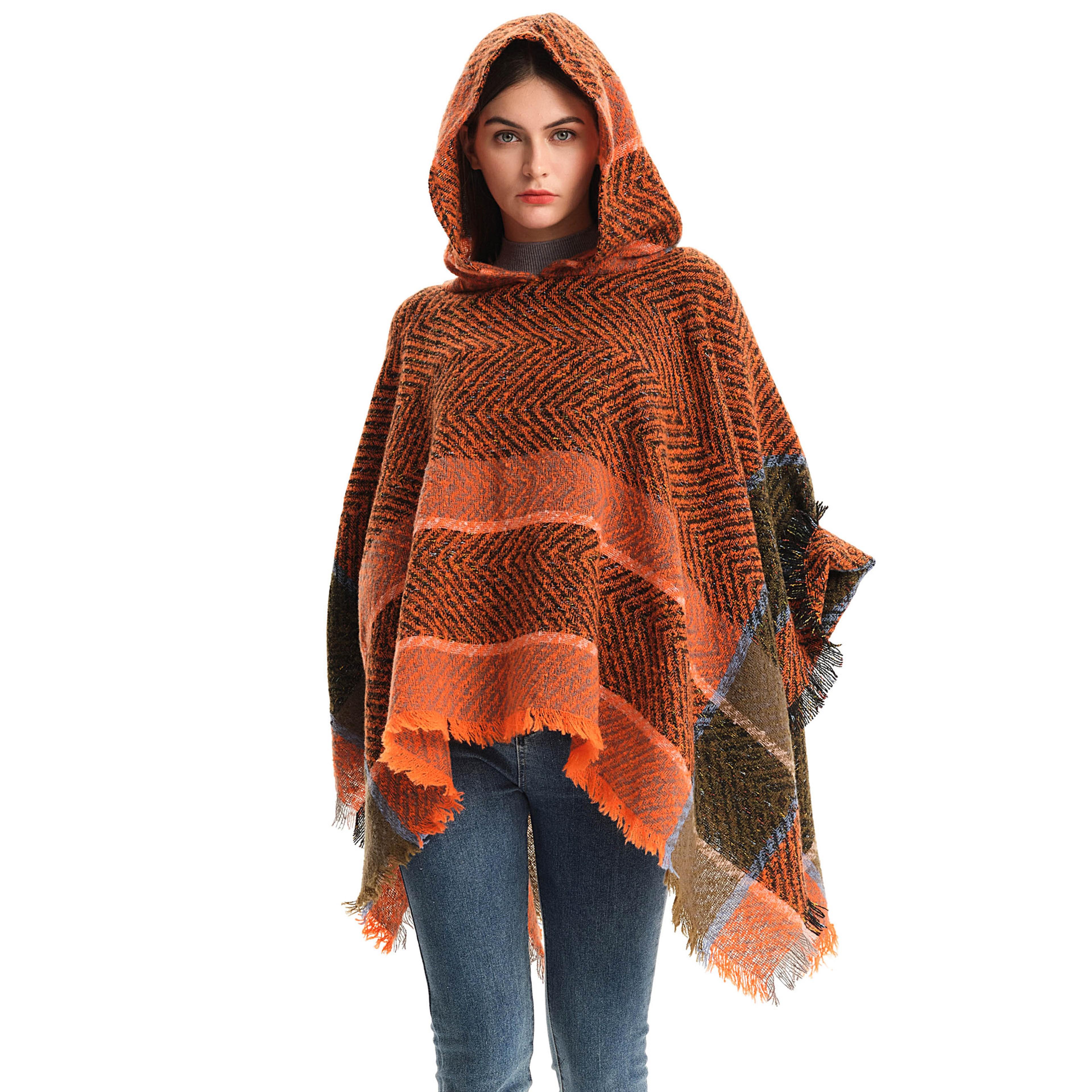 elegant autumn winter fishbone pattern womens hooded cape pullover poncho black cloak, cozy fashion poncho for ladies