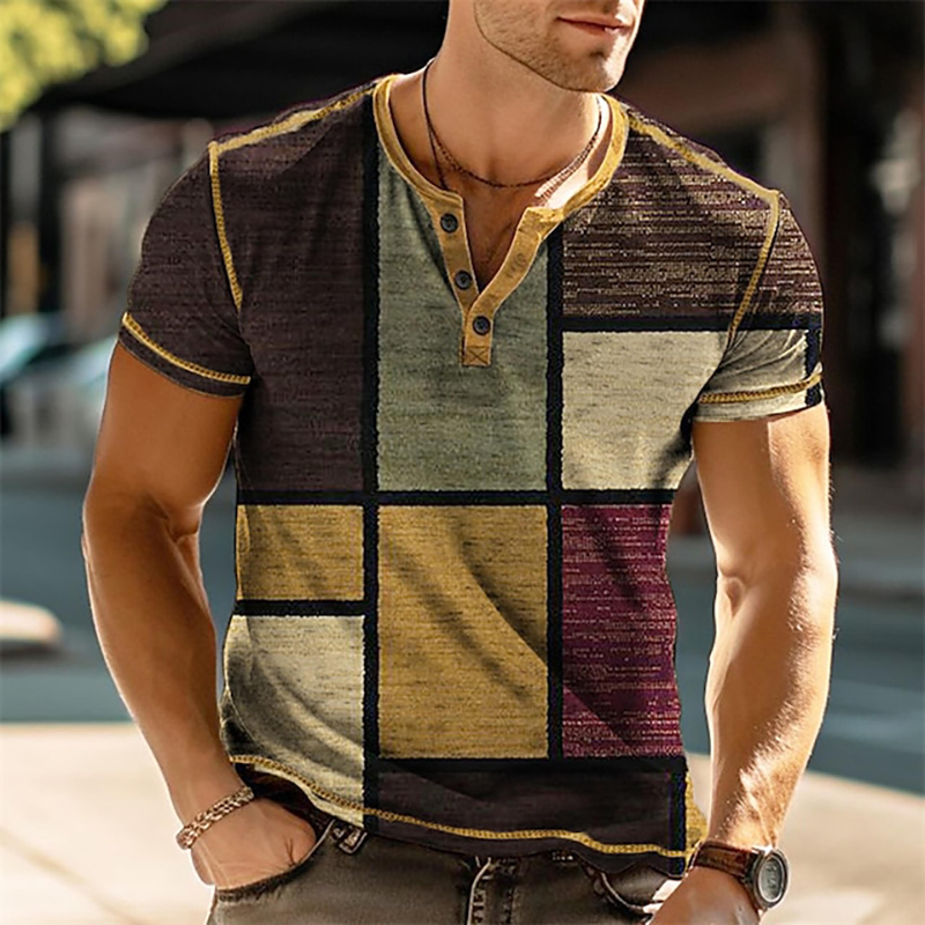 mens 3d print patchwork color block vintage henley shirts, oversized short sleeve button up fashion t shirts, trendy