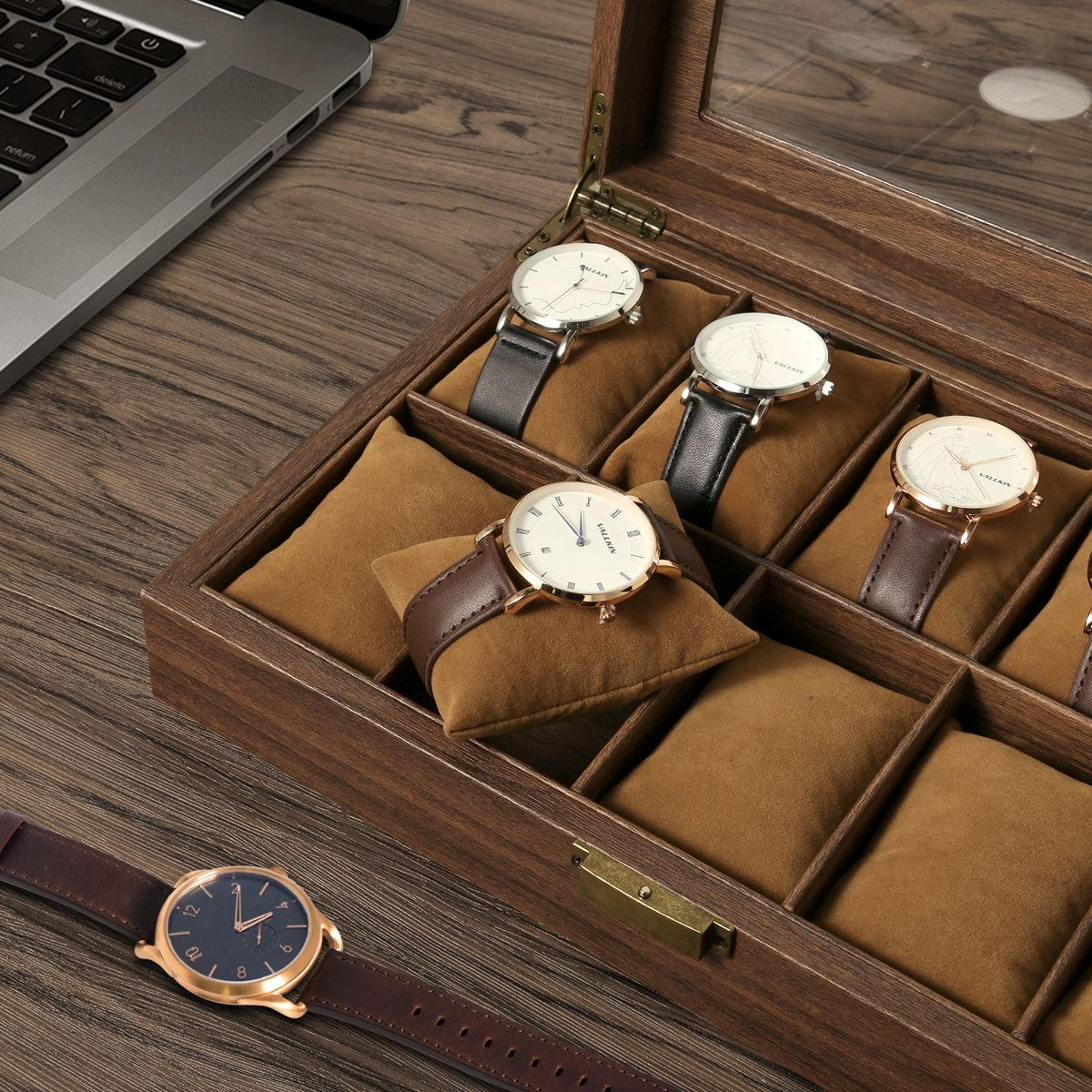 10Slot Wood Grain Watch Box Organizer And Glass Top Watch Display Case 2