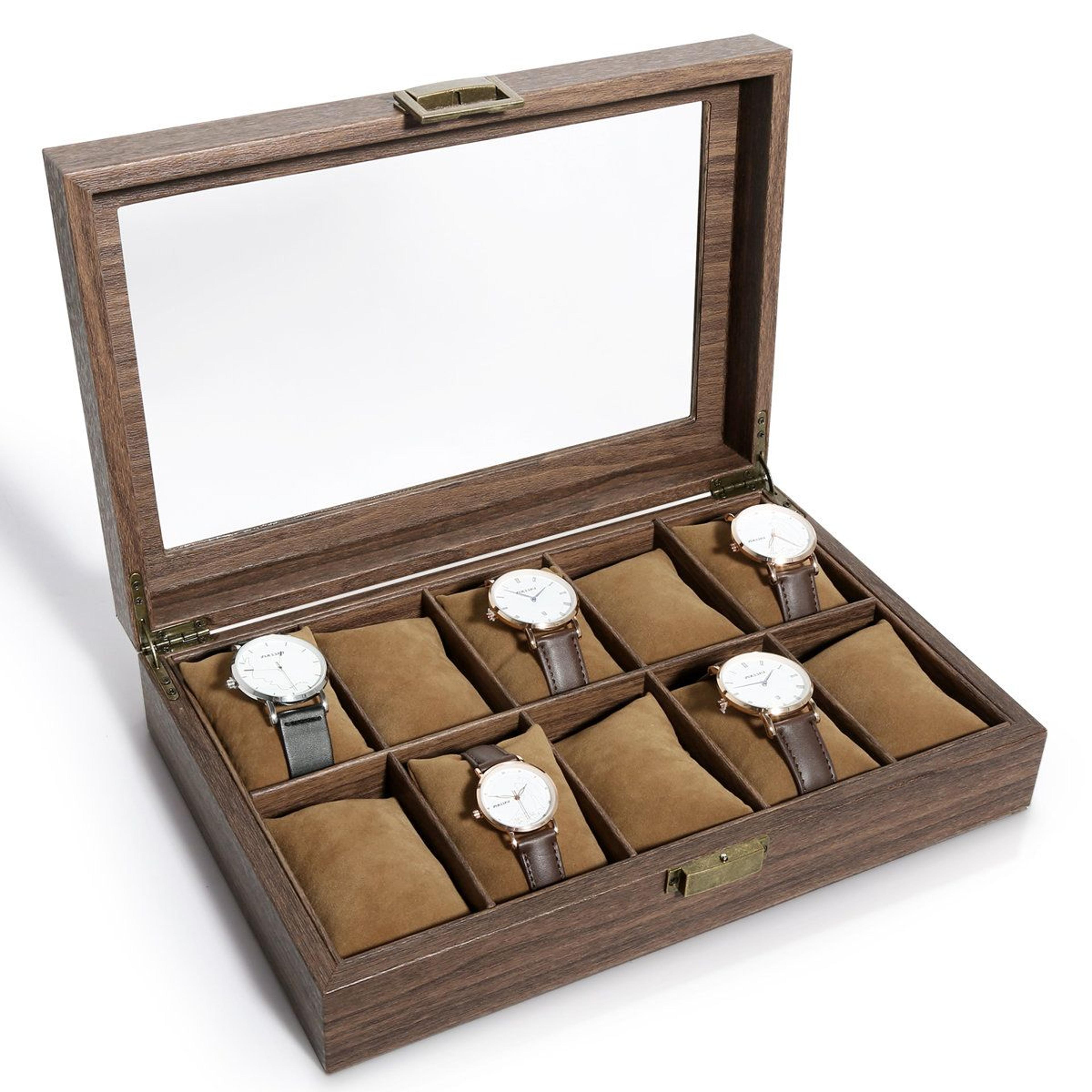 10Slot Wood Grain Watch Box Organizer And Glass Top Watch Display Case 10