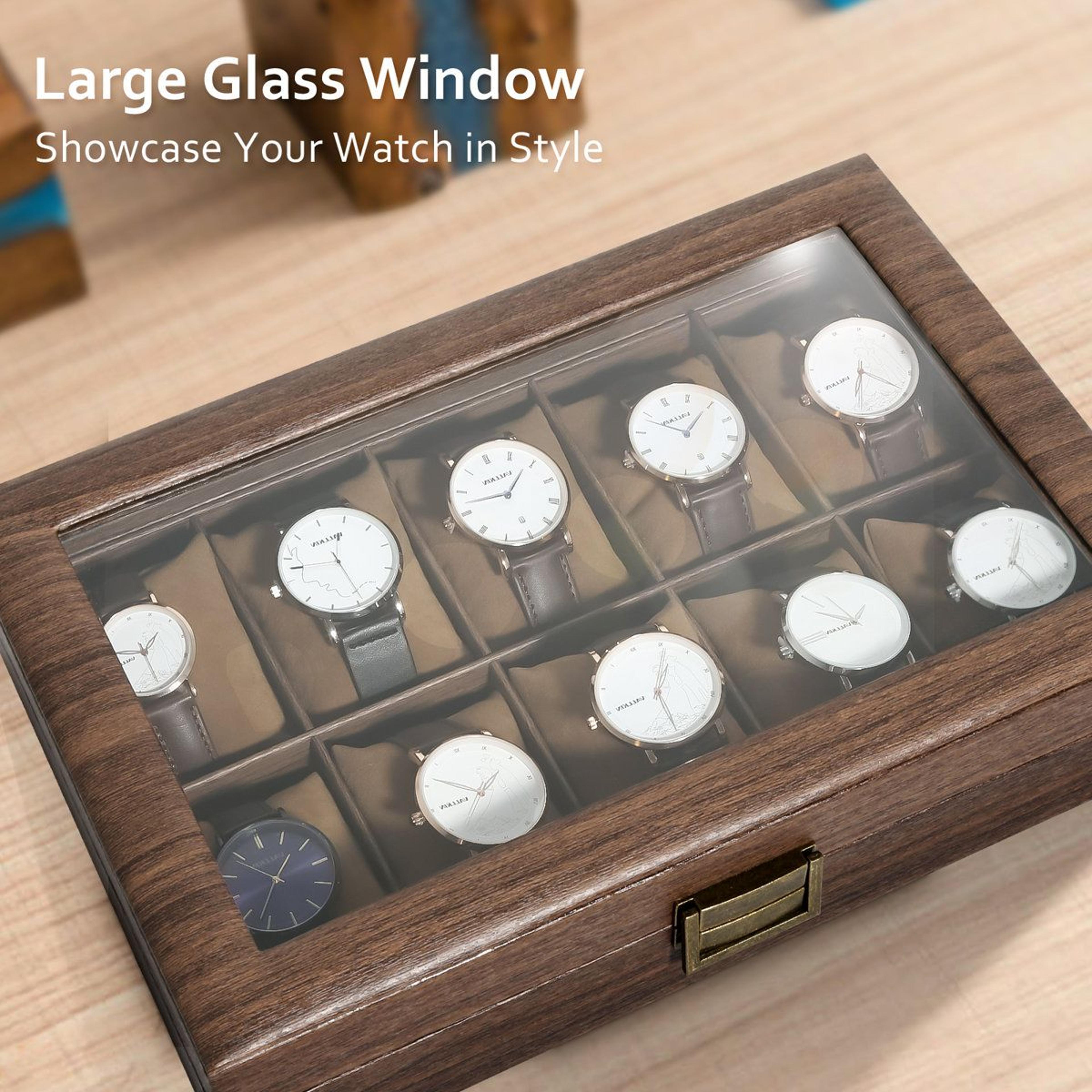10Slot Wood Grain Watch Box Organizer And Glass Top Watch Display Case 4