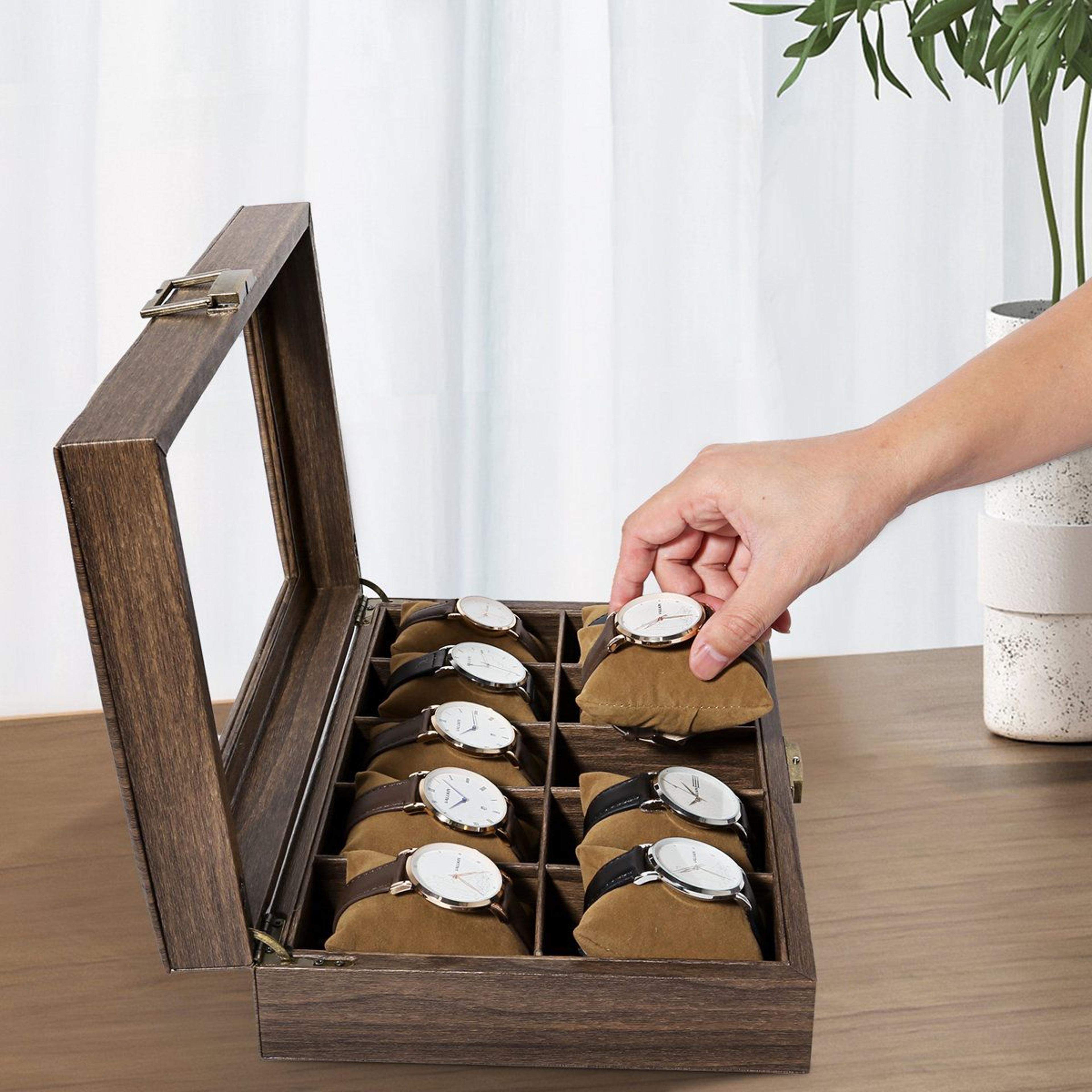 10Slot Wood Grain Watch Box Organizer And Glass Top Watch Display Case 7