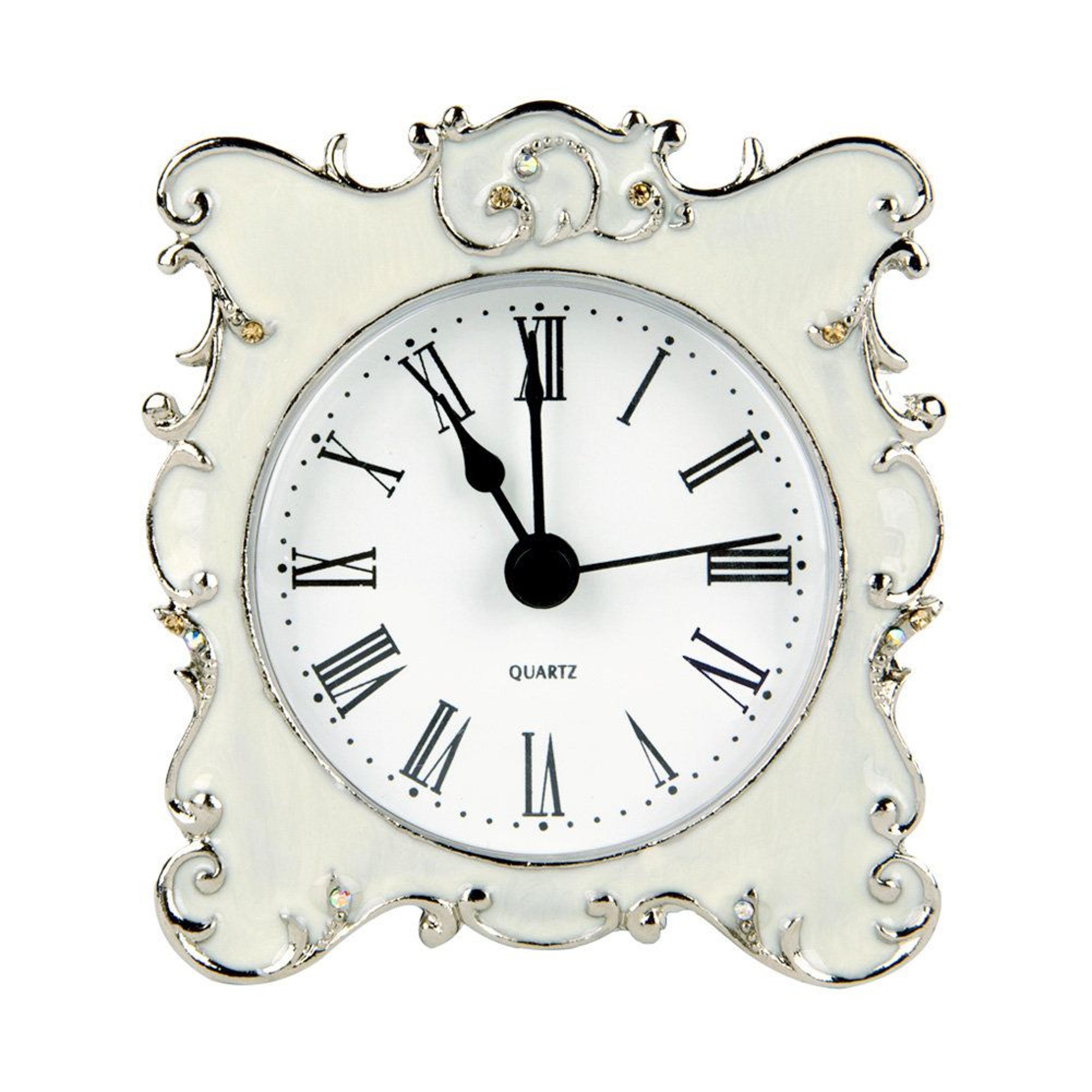 ornate crystal roman numeral tabletop clock with distressed metal finish