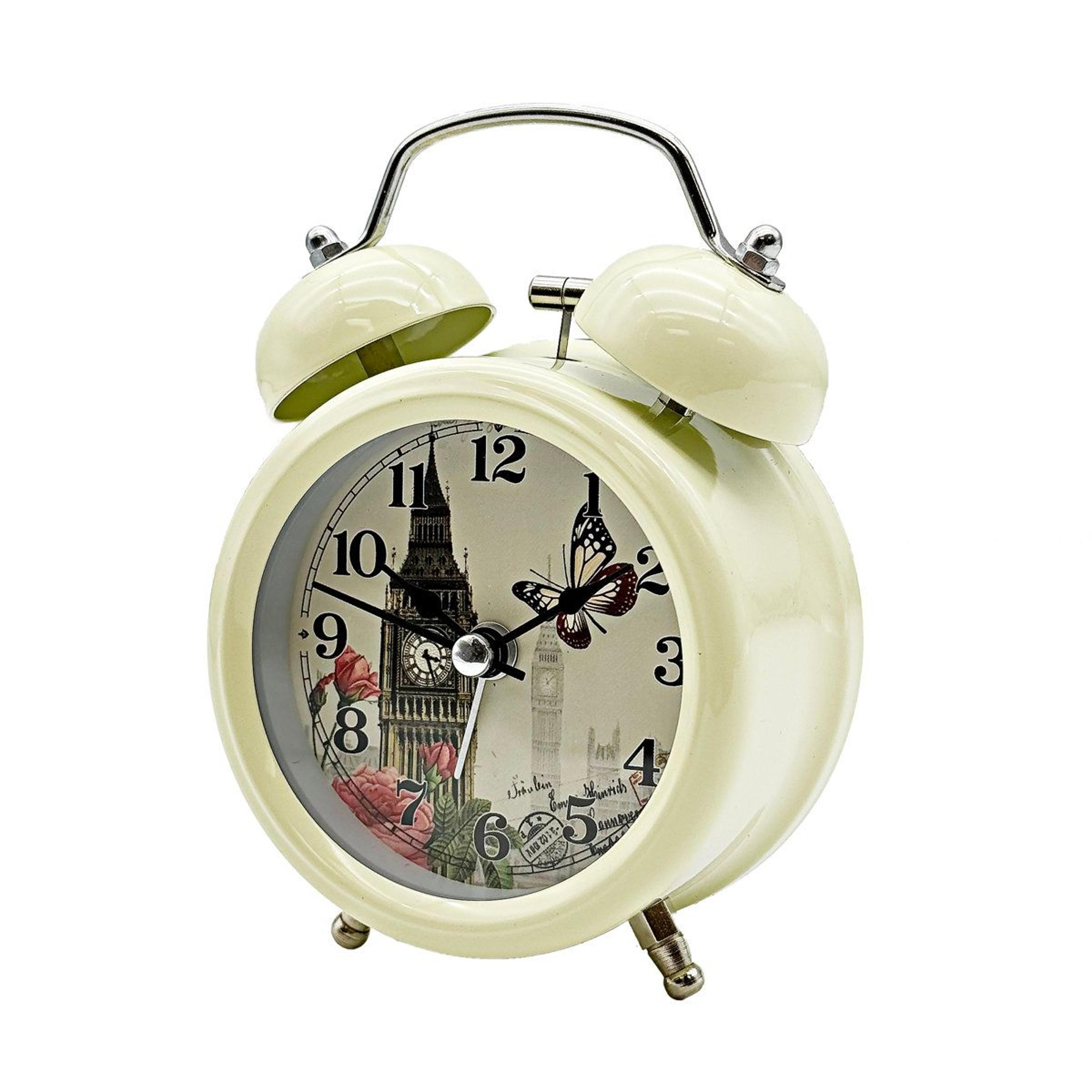 vintage white tabletop alarm clock with silent quartz movement