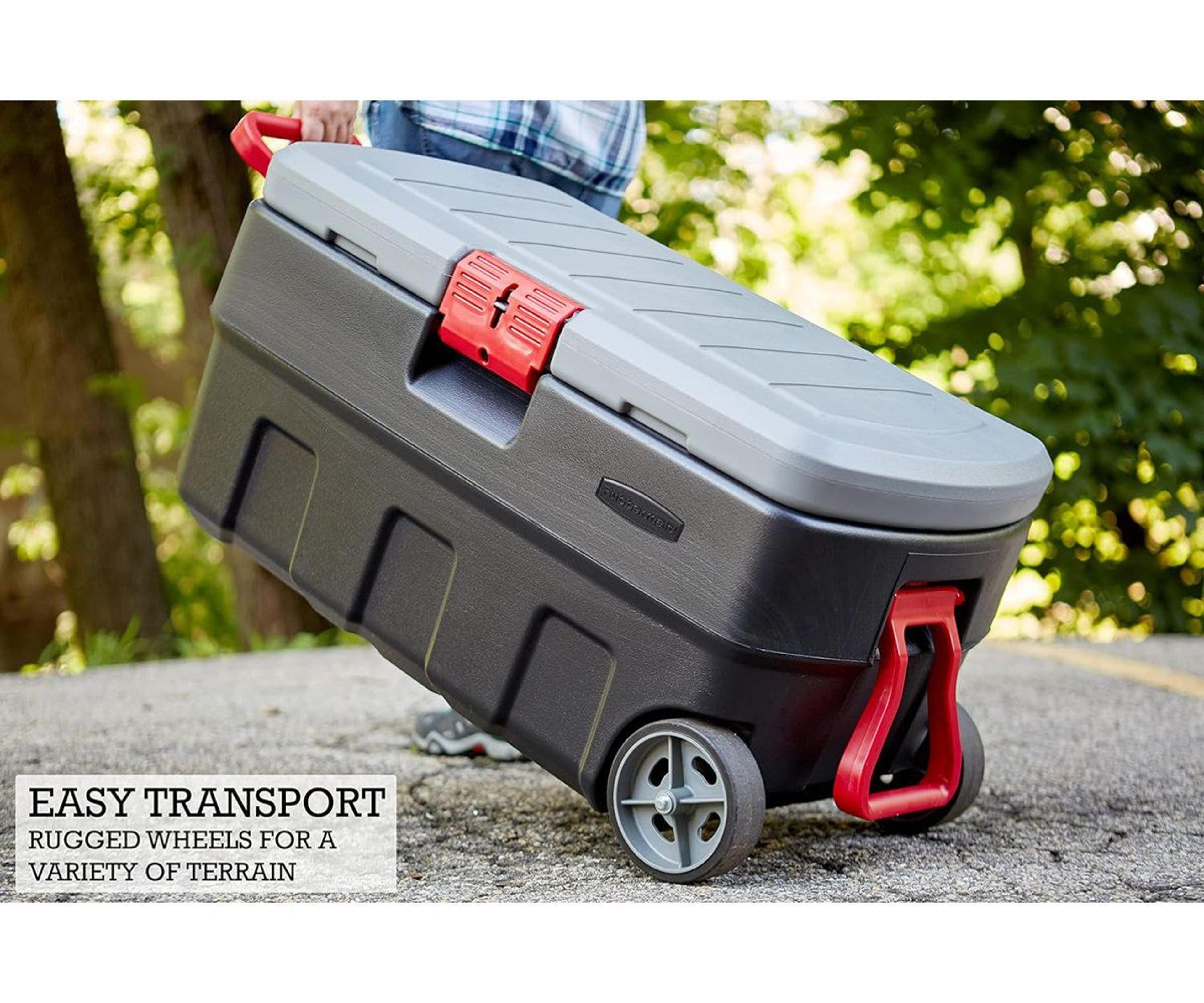 Rubbermaid 35 Gal Heavy Duty Storage Tote With Wheels And Lockable Lid 1