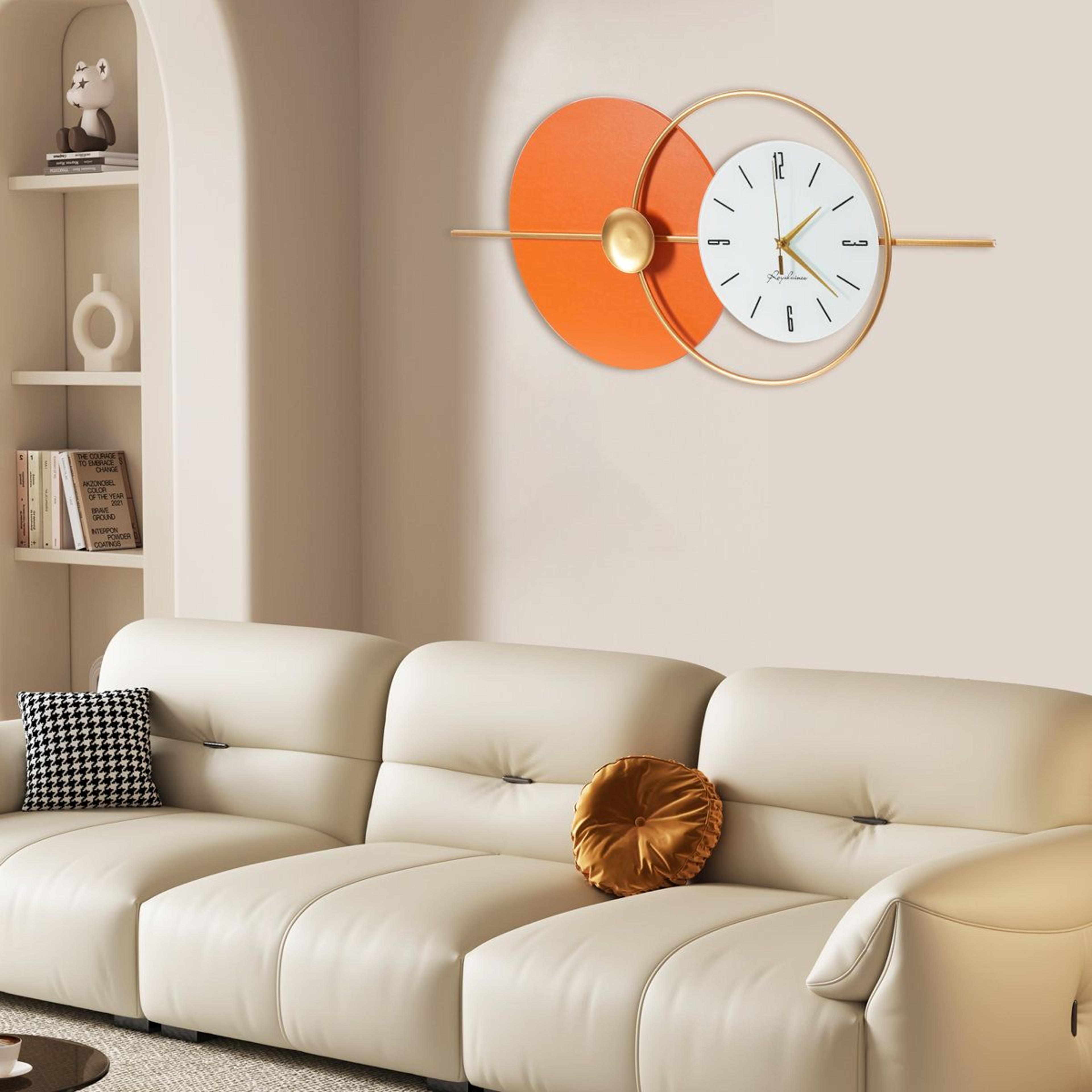 modern metal wall clock with silent sweep geometric gold orange decor