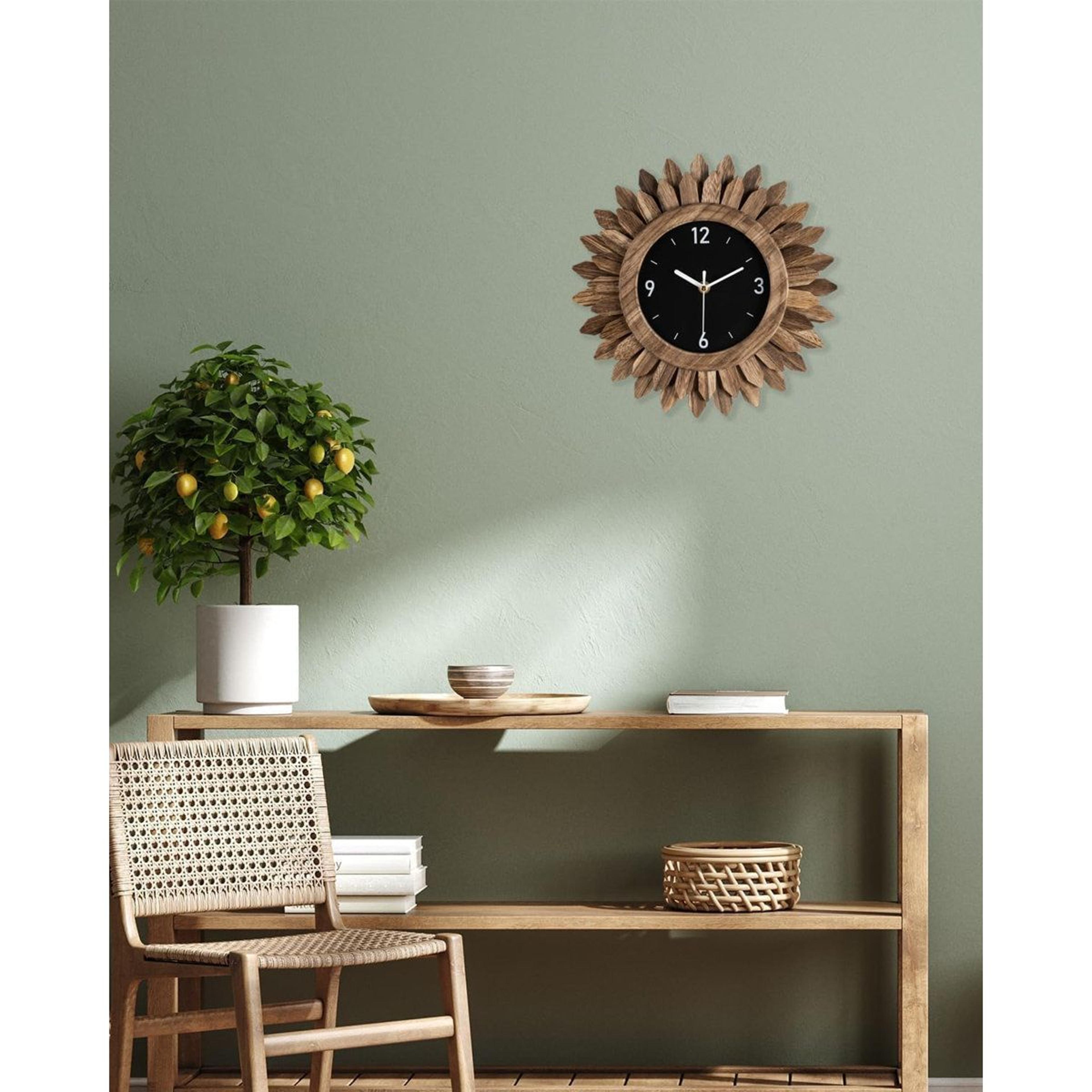 12 Inch Boho Wall Clock Rustic Wood Sunburst Silent Farmhouse Decor 6