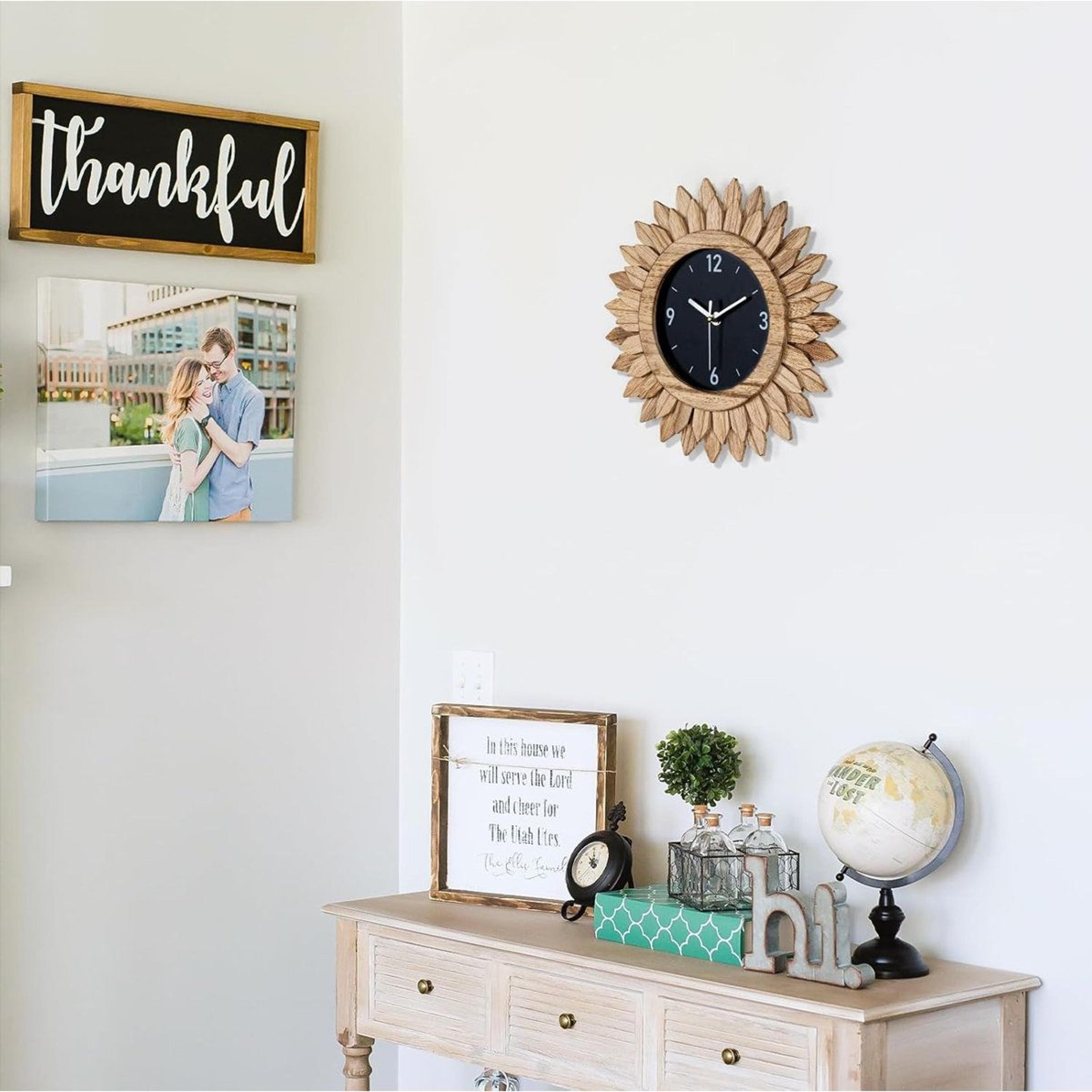 12 Inch Boho Wall Clock Rustic Wood Sunburst Silent Farmhouse Decor 7