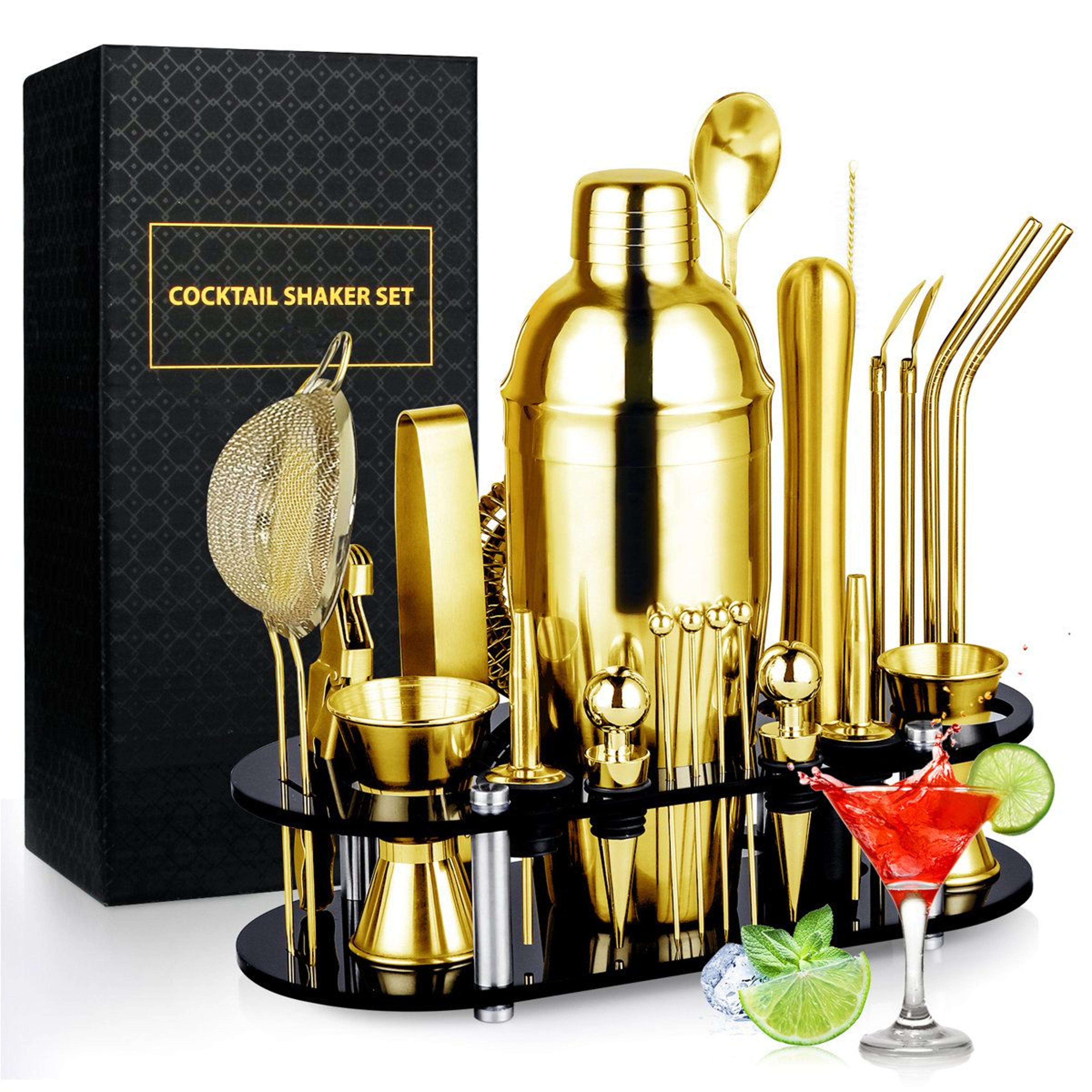 25 piece stainless steel cocktail shaker set and bartender kit with stand