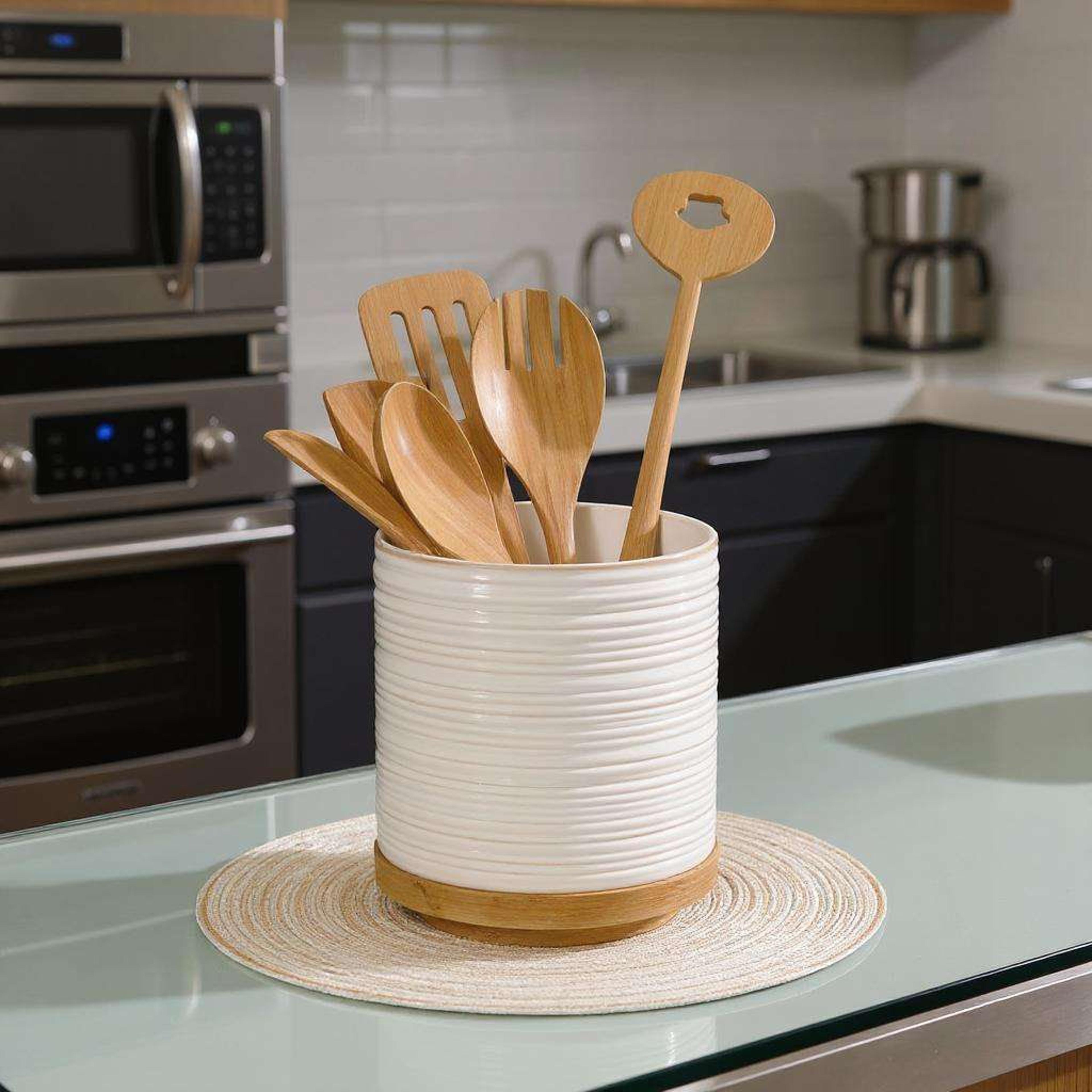 rotating ceramic utensil holder with cork base
