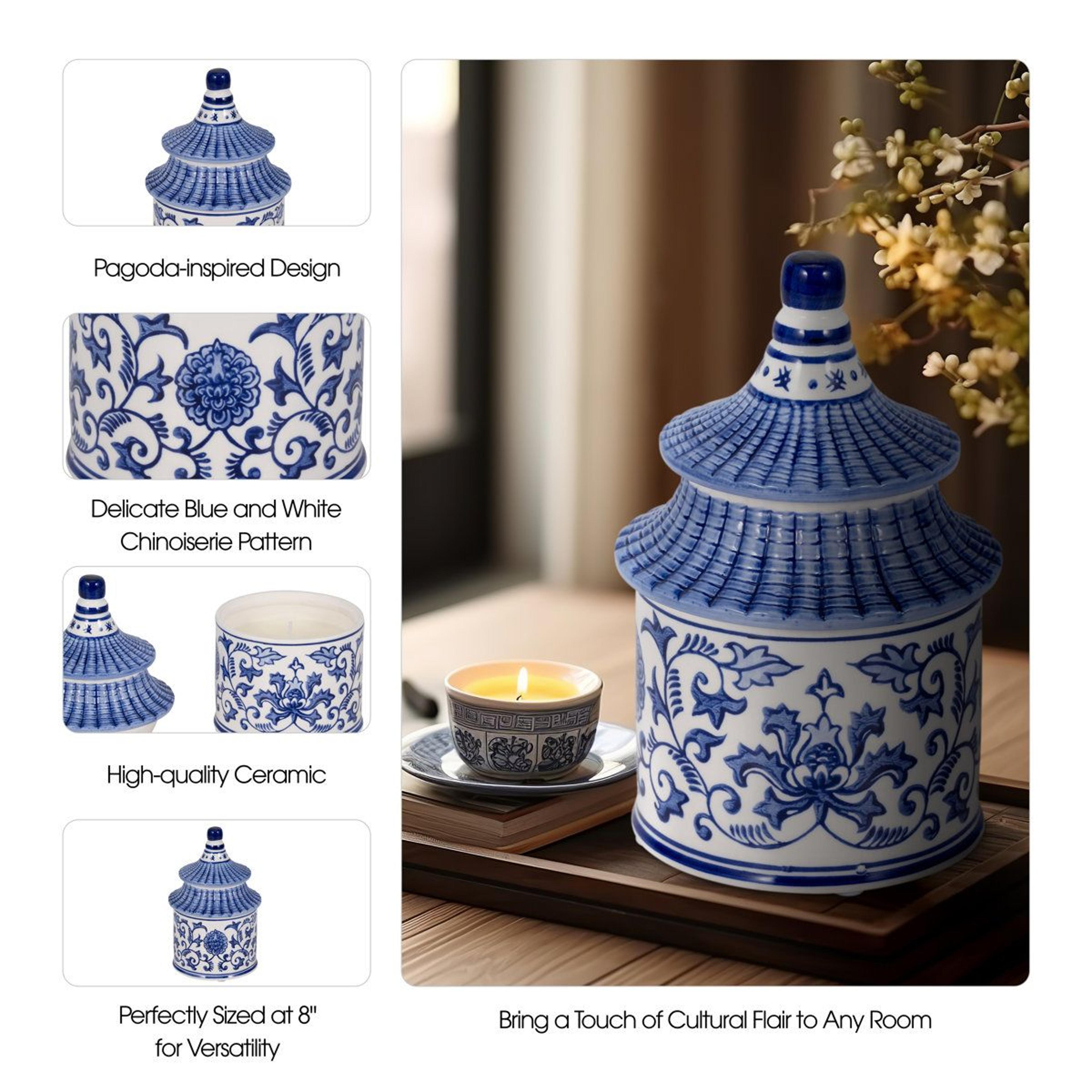 8 inch blue and white ceramic jar with pagoda lid chinoiserie decor