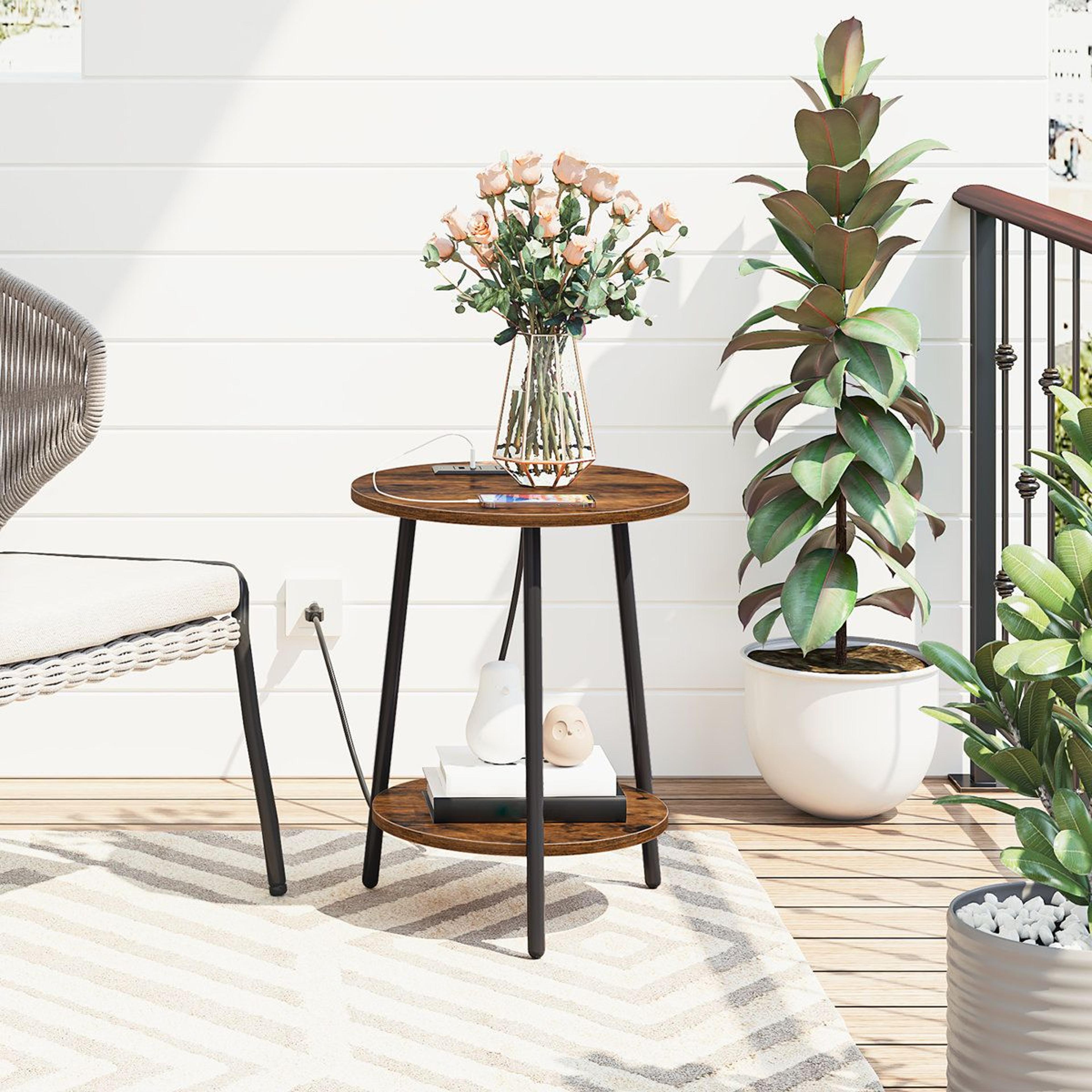 Modern Round End Table With Charging Station And Storage Shelf 6