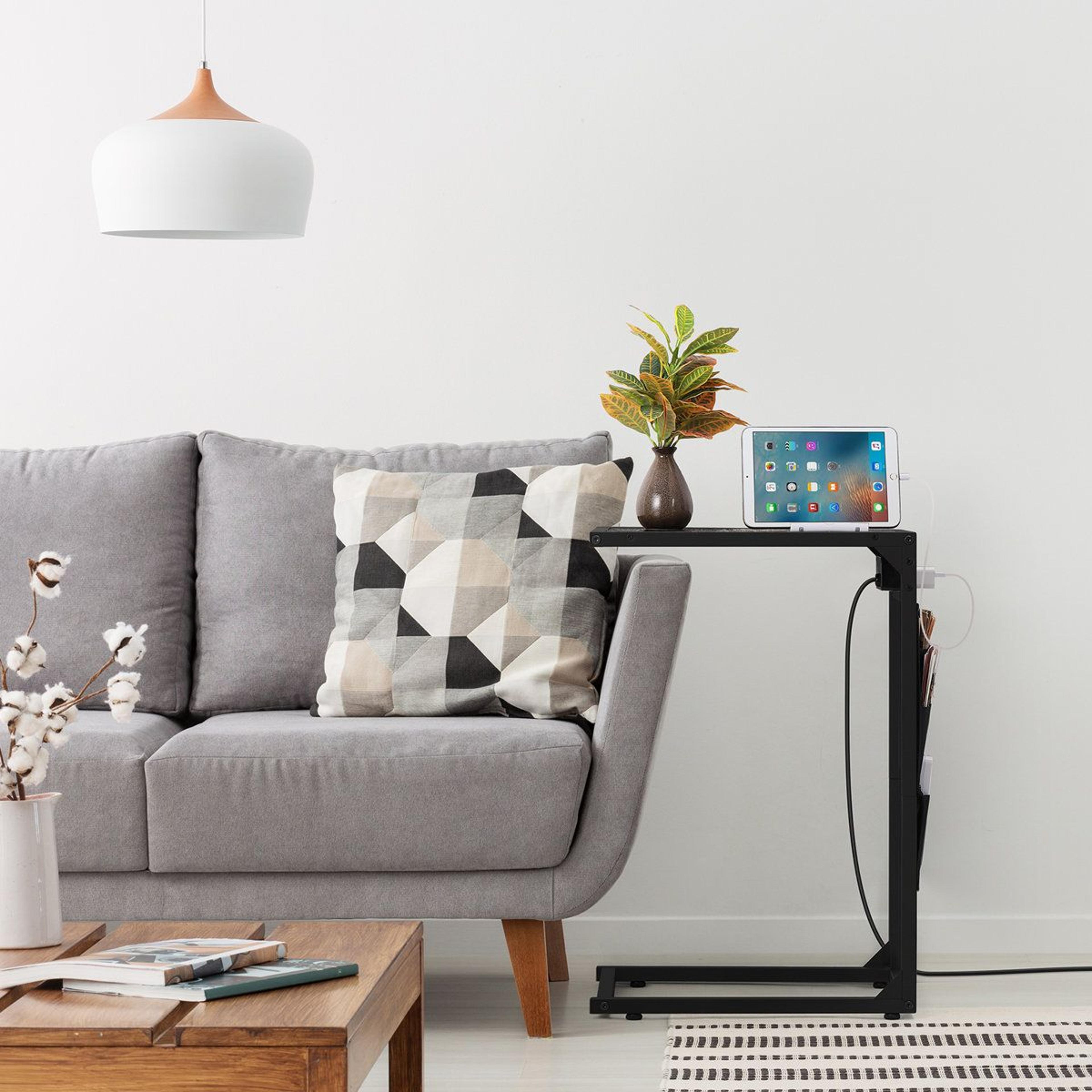 2 Pack C Shaped Side Tables With Charging Station And Storage Bag Dark Gray 3