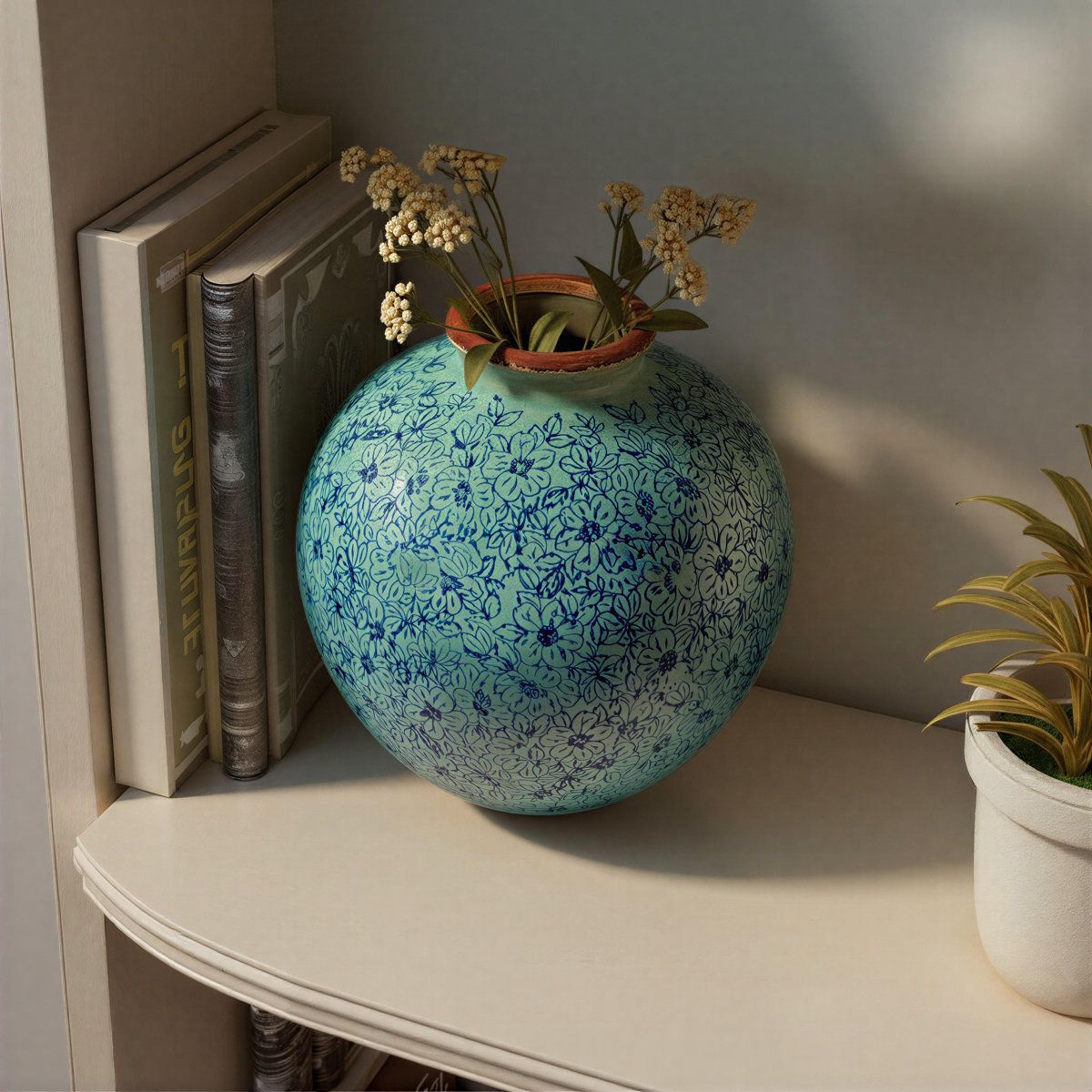 Dolohov Round Terracotta Vase With Floral Transferware Pattern 5
