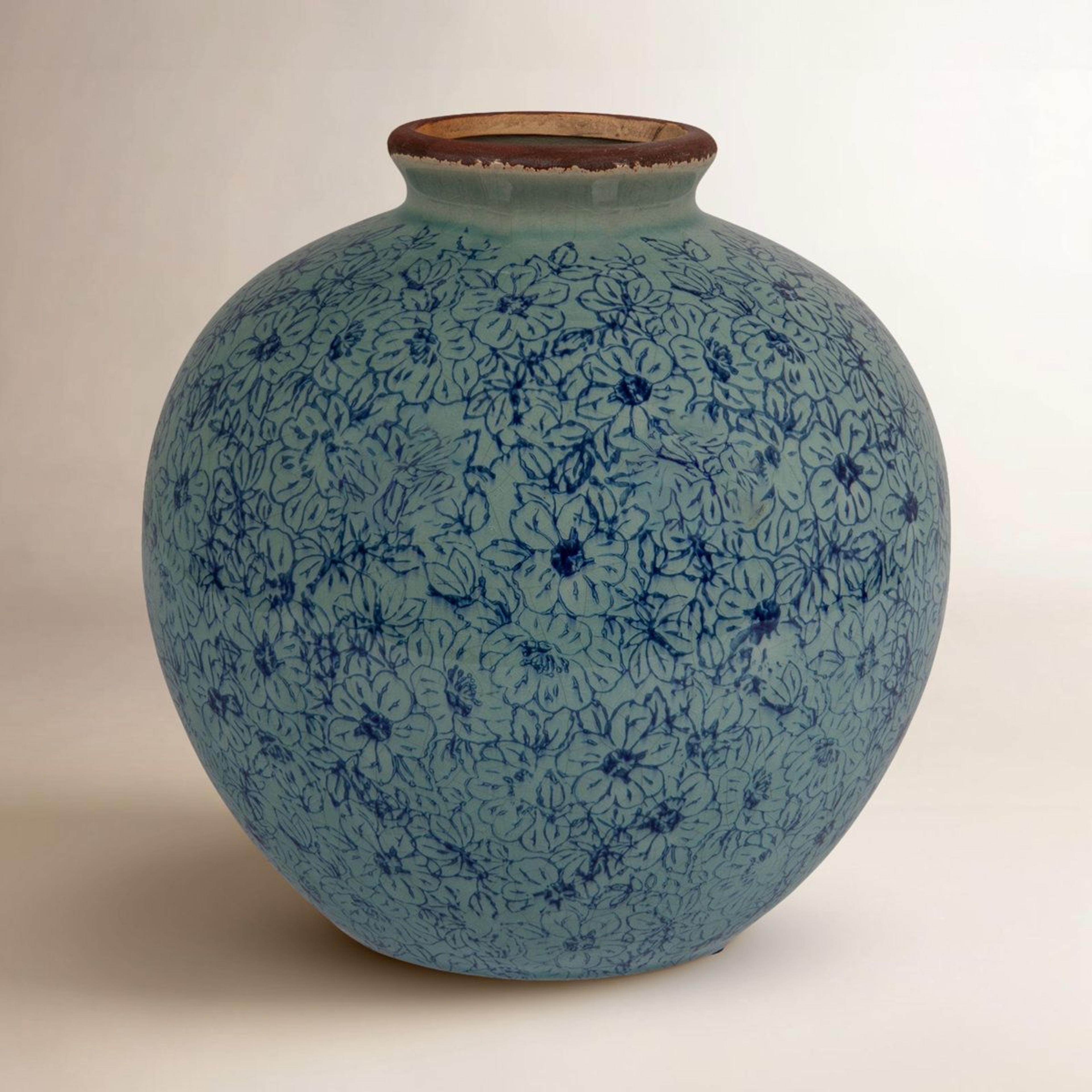 Dolohov Round Terracotta Vase With Floral Transferware Pattern 6