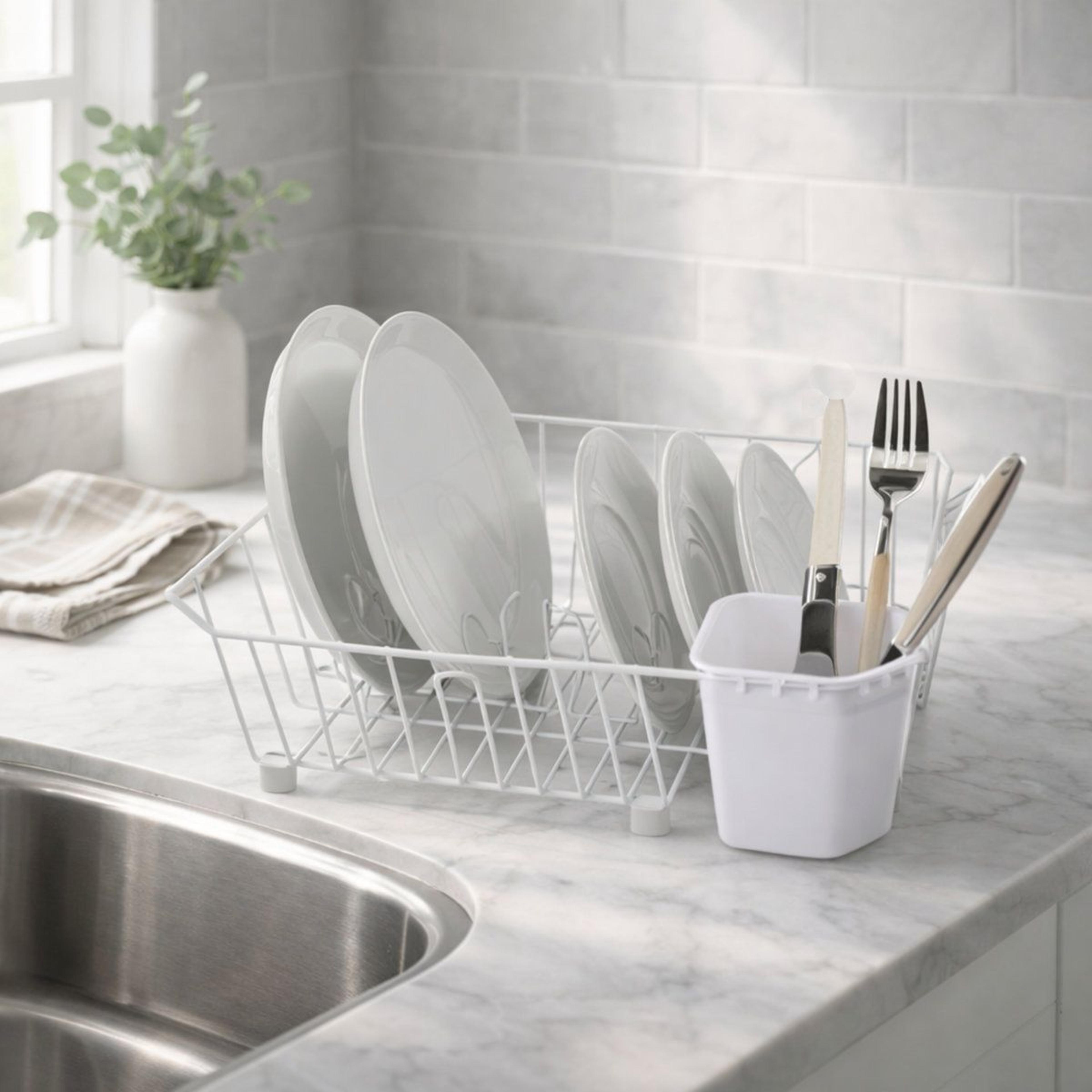 Compact White Metal Dish Drying Rack With Utensil Caddy SpaceSaving Kitchen Countertop Dish Drainer 1