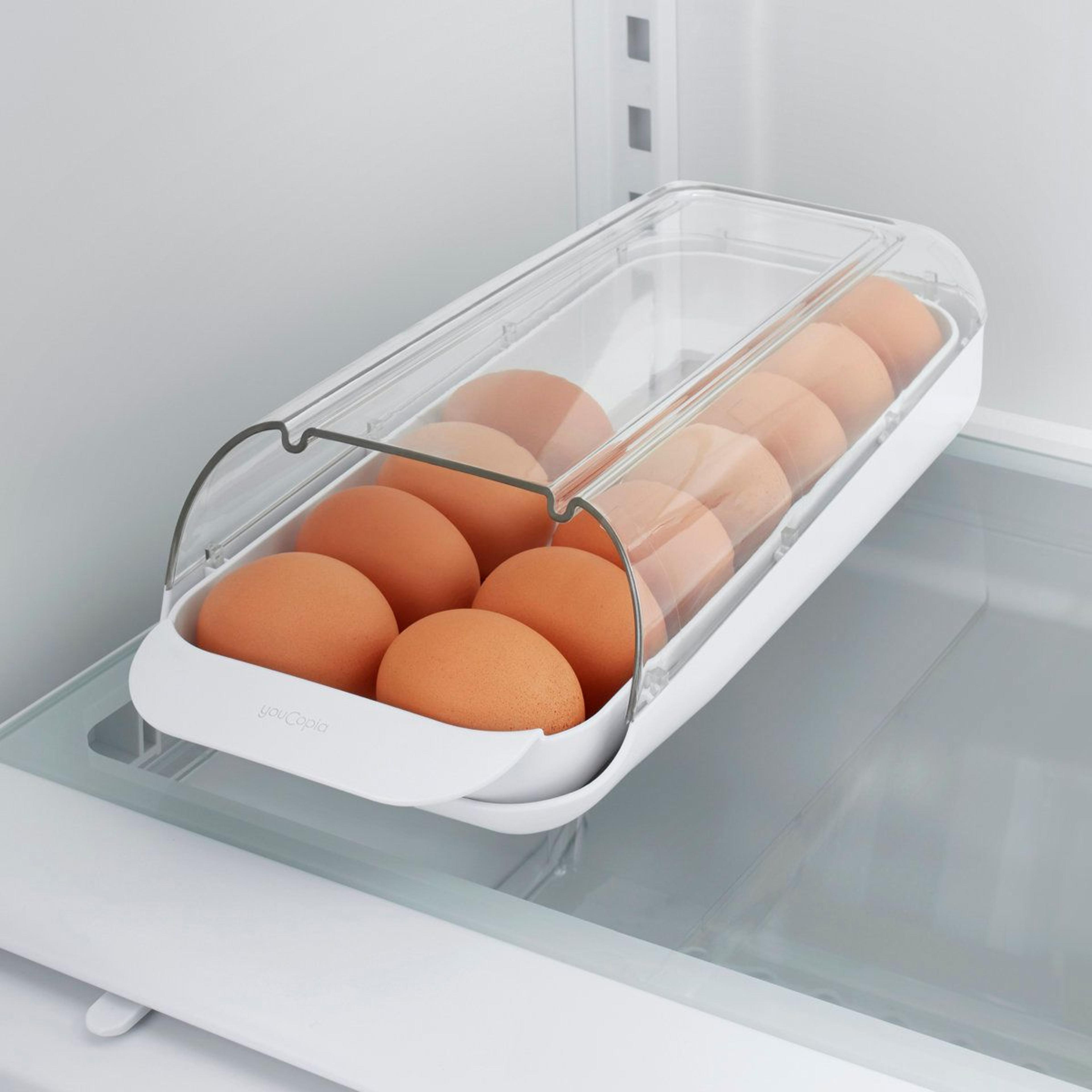 fridgeview rolling egg dispenser and stackable refrigerator egg organizer