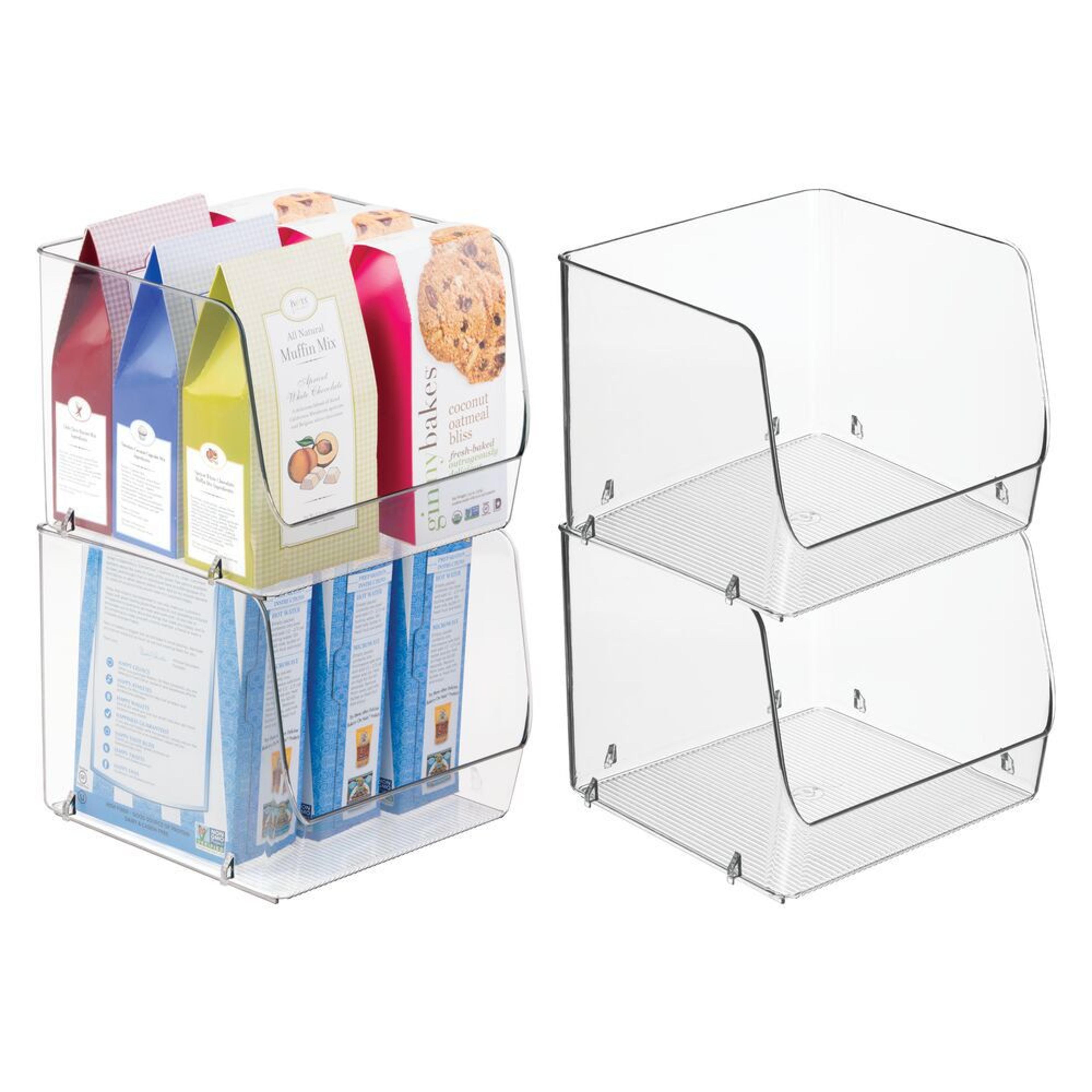 stackable open front storage bins 4 piece clear pantry organization set