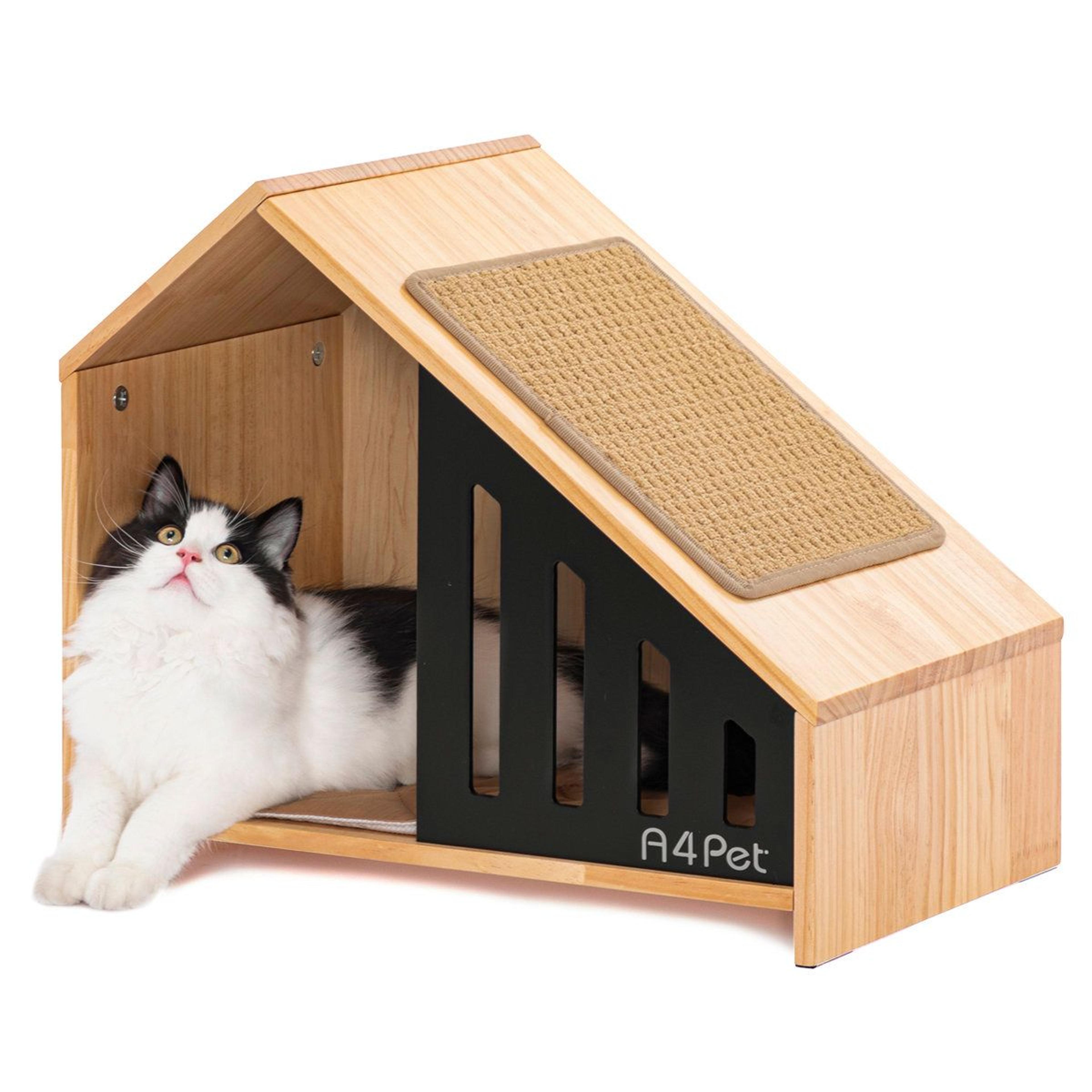modern wooden cat house and indoor cat condo with scratching pad