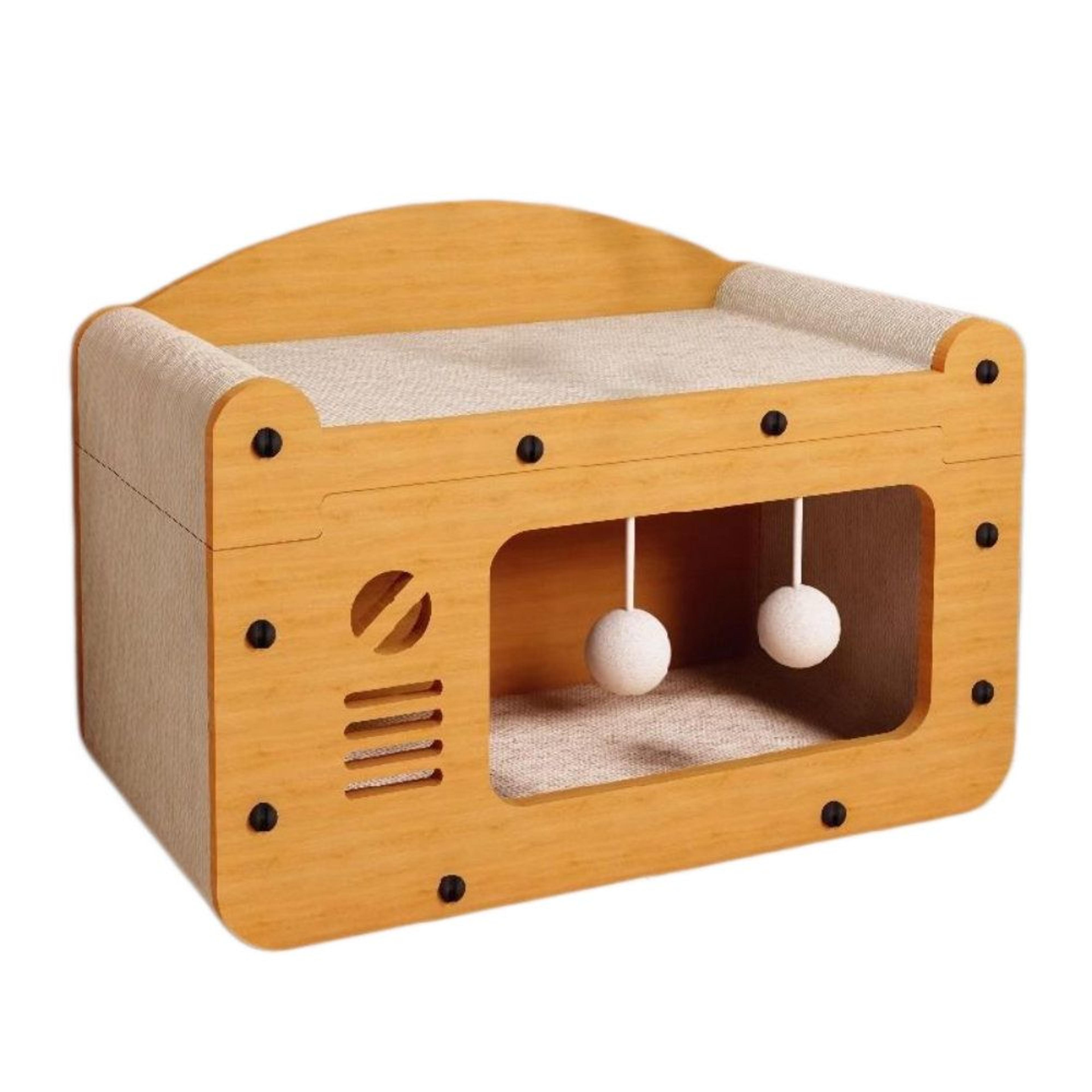 modern wooden cat house and dual hideaway condo with scratching pad
