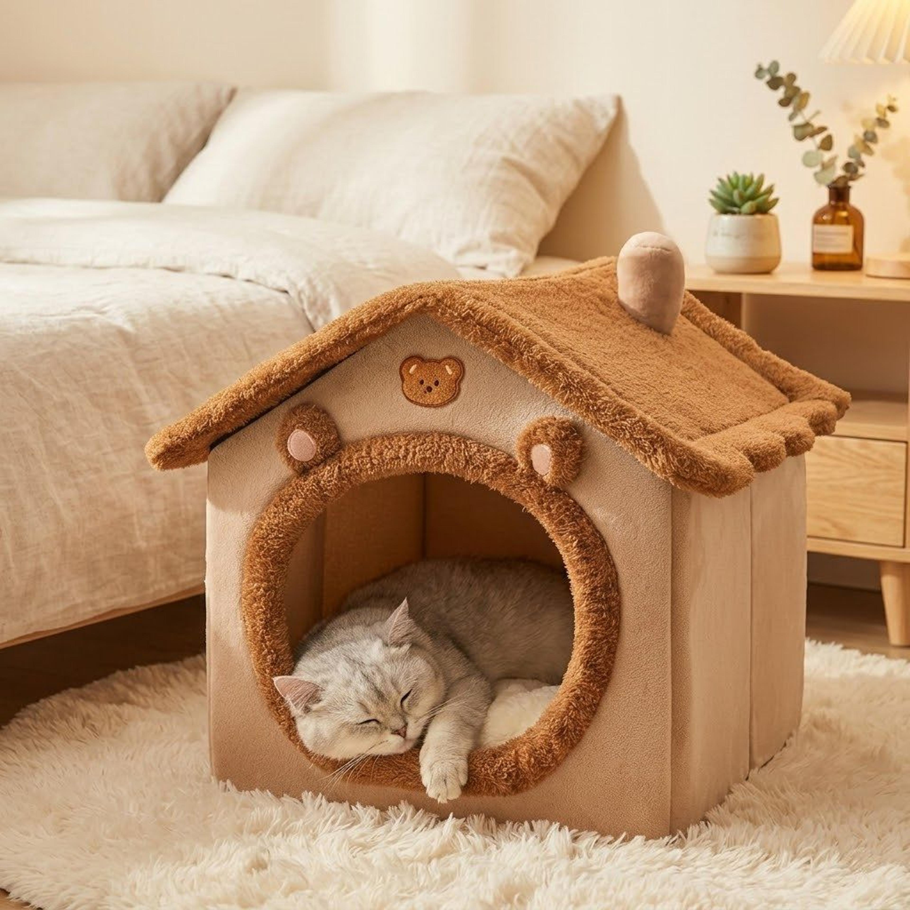 Pet Adorable BearShaped Cat Cave Bed With Removable Cushion For Indoor Cats And Small Dogs 2