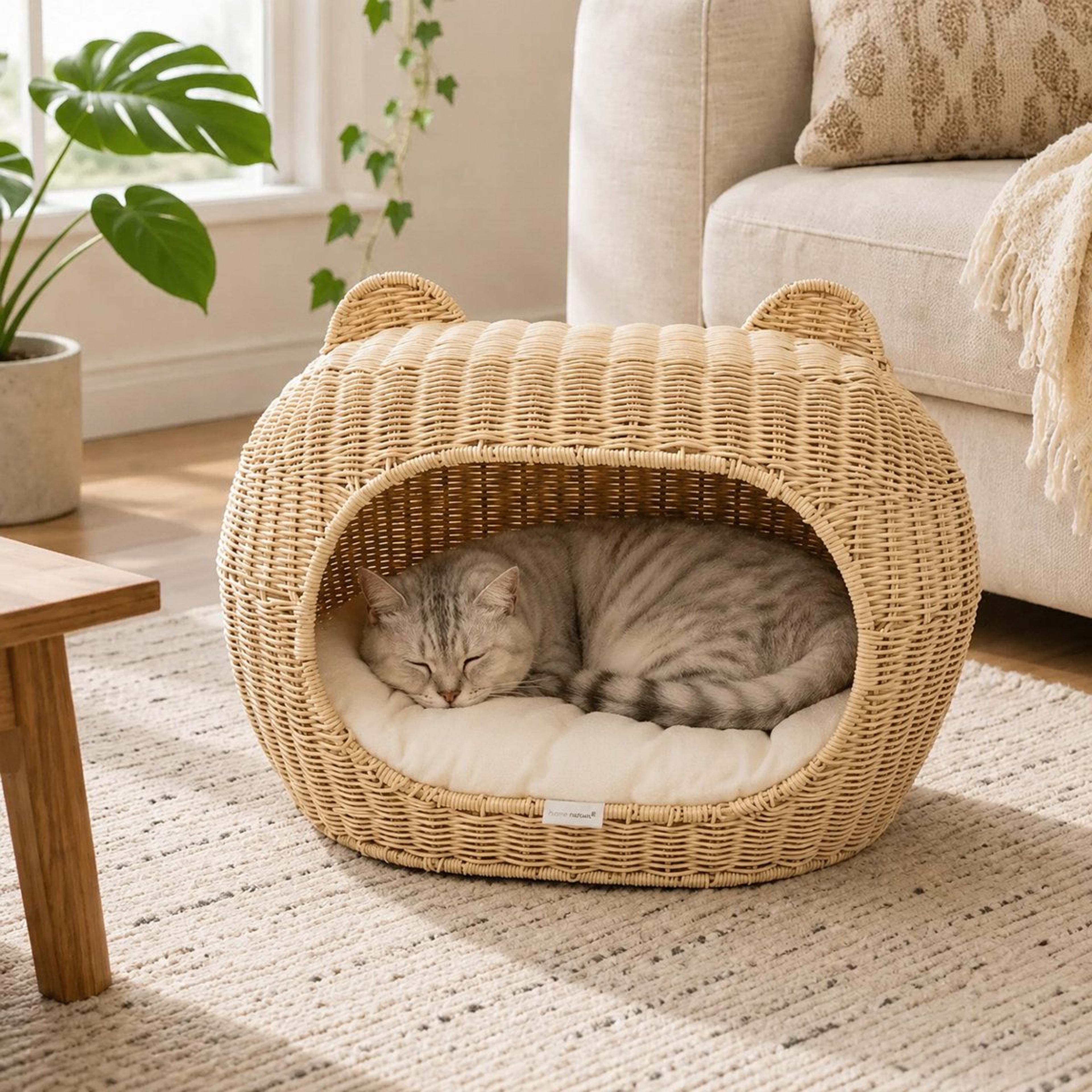 Handwoven Igloo Cat House With Soft Cushion  Stylish Wicker Pet Cave For Small Dogs And Cats 1